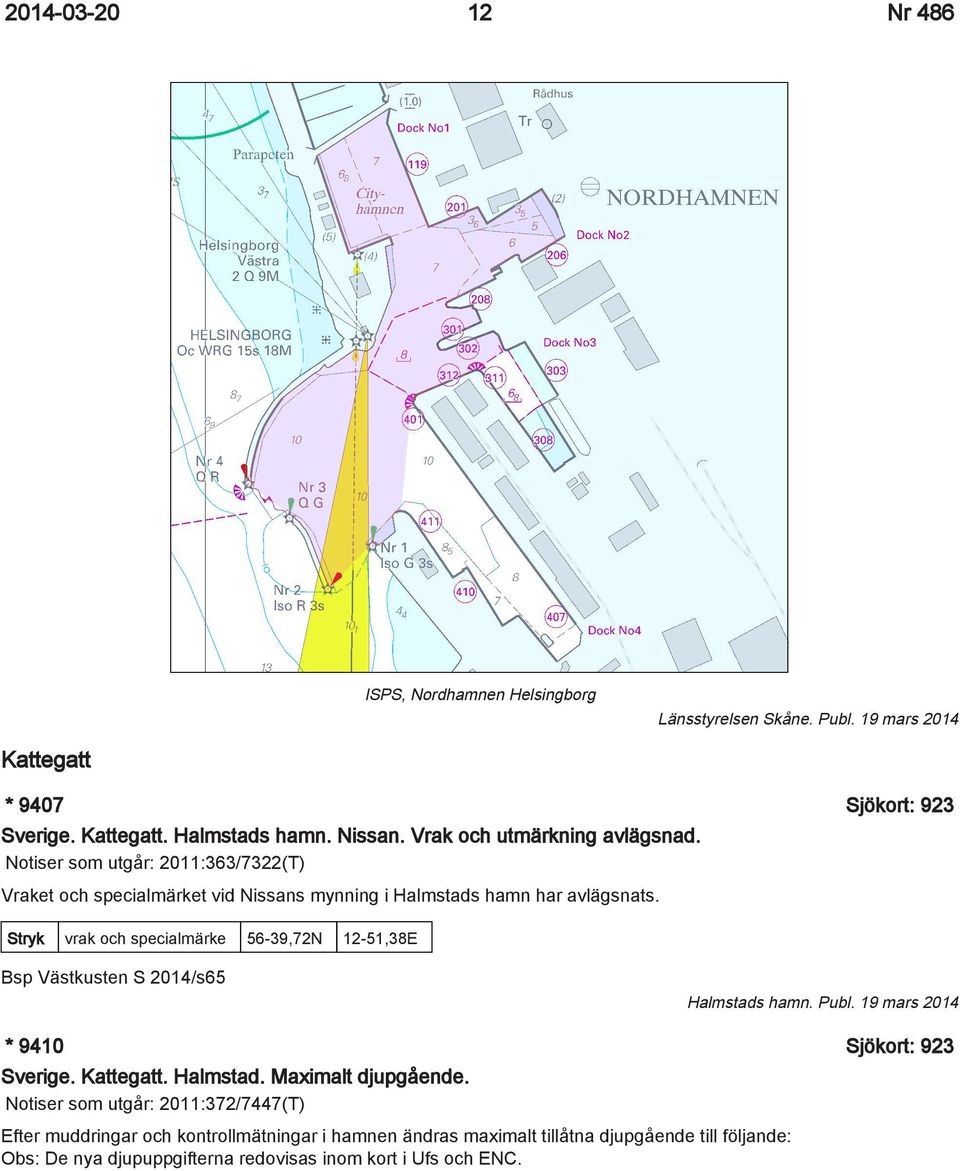 Stryk vrak och specialmärke 56-39,72N 12-51,38E Bsp Västkusten S 2014/s65 Halmstads hamn. Publ. 19 mars 2014 * 9410 Sjökort: 923 Sverige. Kattegatt. Halmstad. Maximalt djupgående.