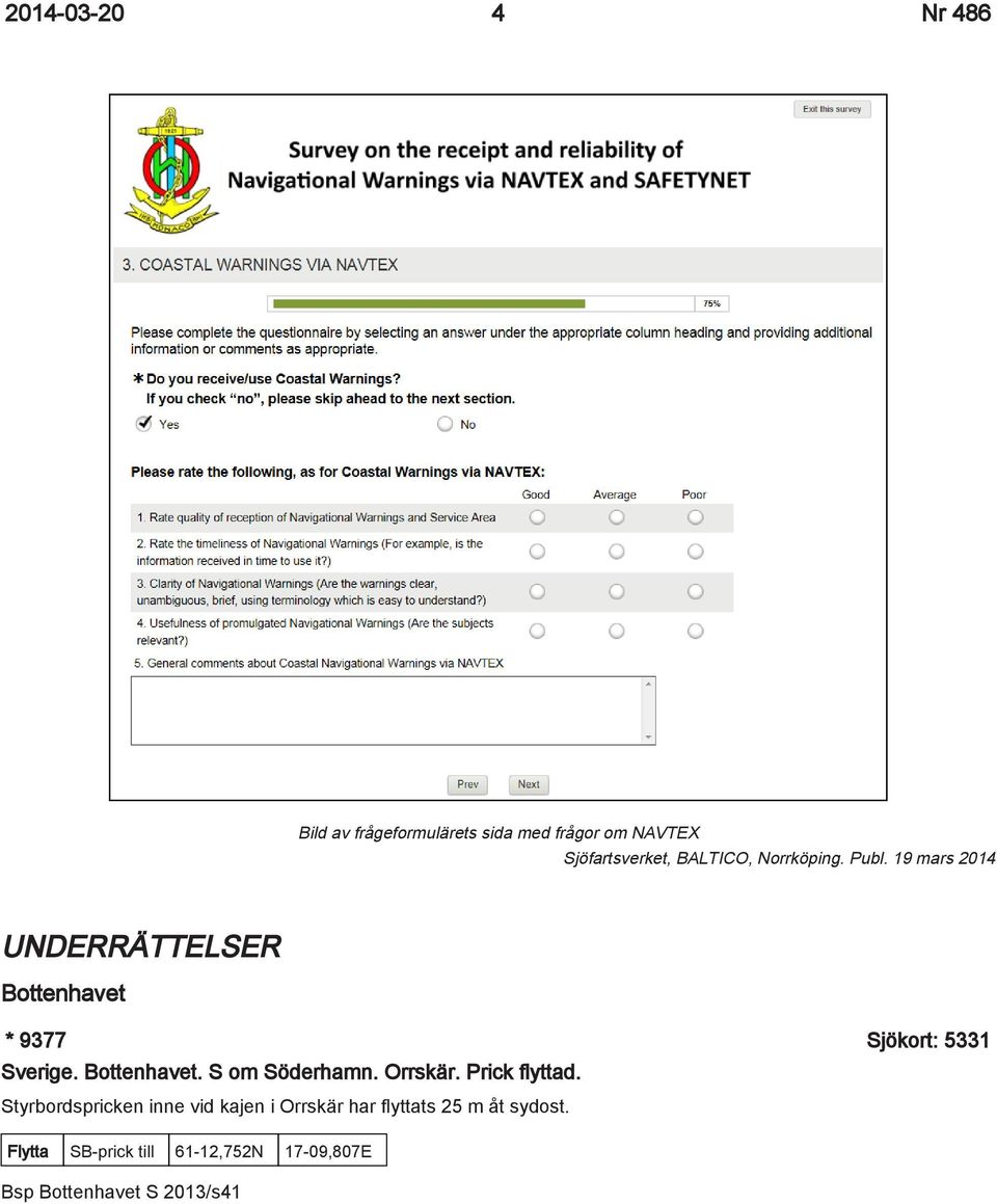 19 mars 2014 UNDERRÄTTELSER Bottenhavet * 9377 Sjökort: 5331 Sverige. Bottenhavet. S om Söderhamn.