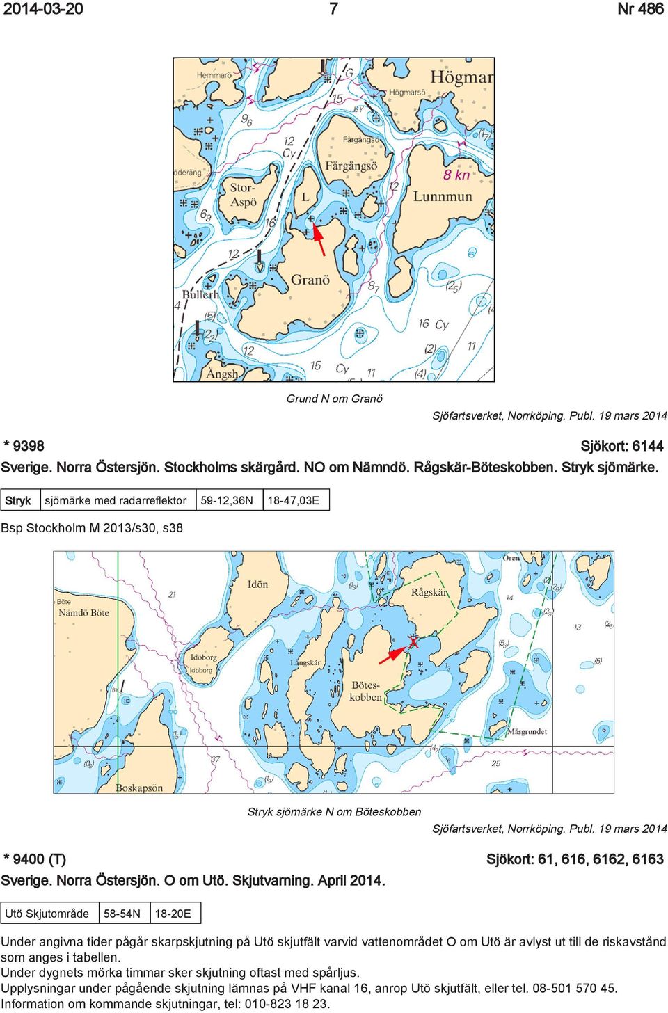 19 mars 2014 * 9400 (T) Sjökort: 61, 616, 6162, 6163 Sverige. Norra Östersjön. O om Utö. Skjutvarning. April 2014.