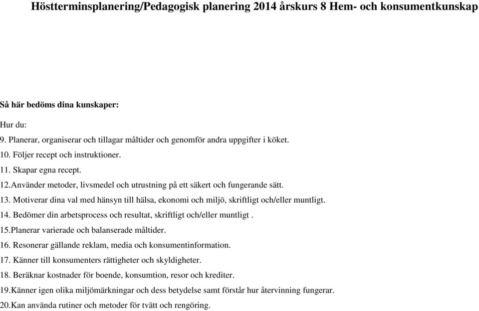 Bedömer din arbetsprocess och resultat, skriftligt och/eller muntligt. 15.Planerar varierade och balanserade måltider. 16. Resonerar gällande reklam, media och konsumentinformation. 17.