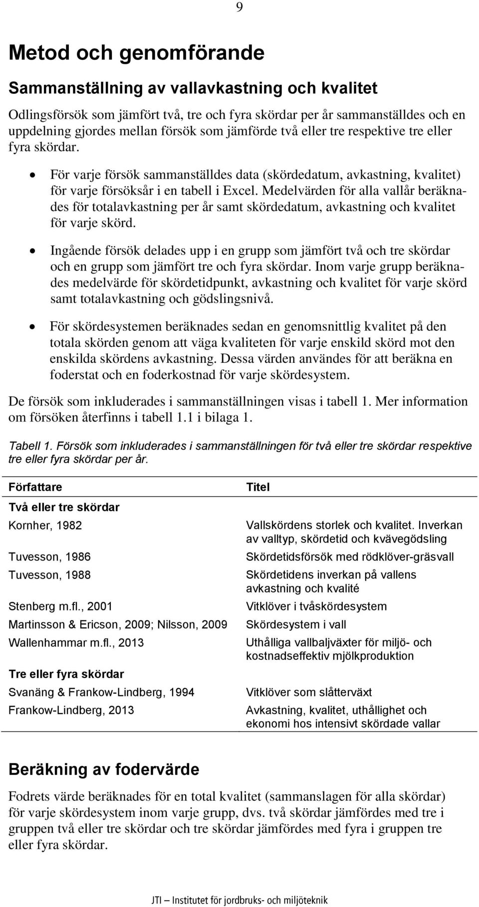 Medelvärden för alla vallår beräknades för totalavkastning per år samt skördedatum, avkastning och kvalitet för varje skörd.