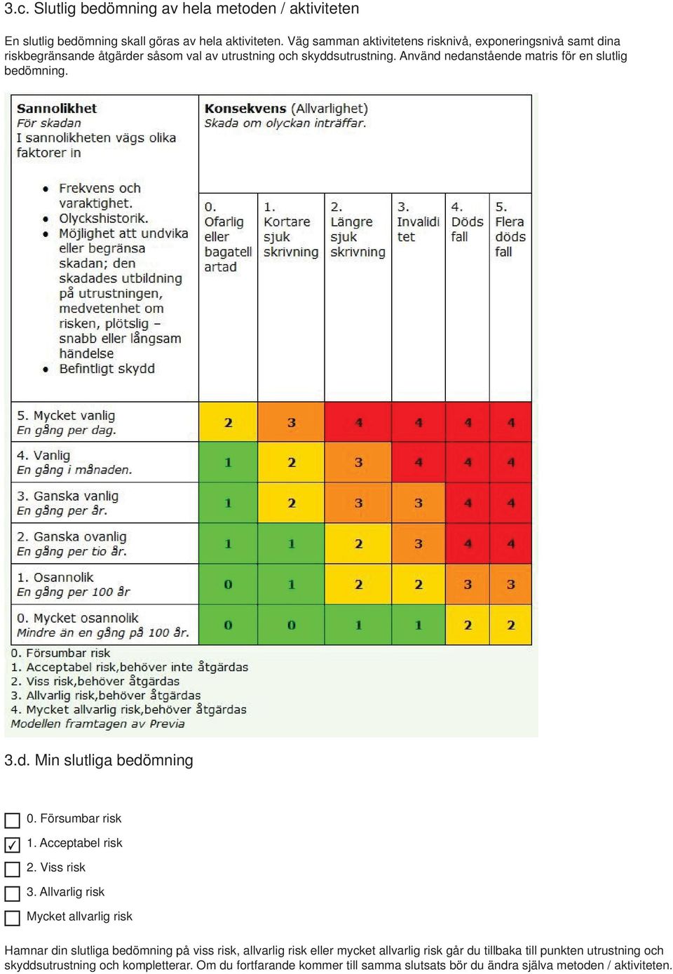 Använd nedanstående matris för en slutlig bedömning. 3.d. Min slutliga bedömning 0. Försumbar risk 1. Acceptabel risk 2. Viss risk 3.