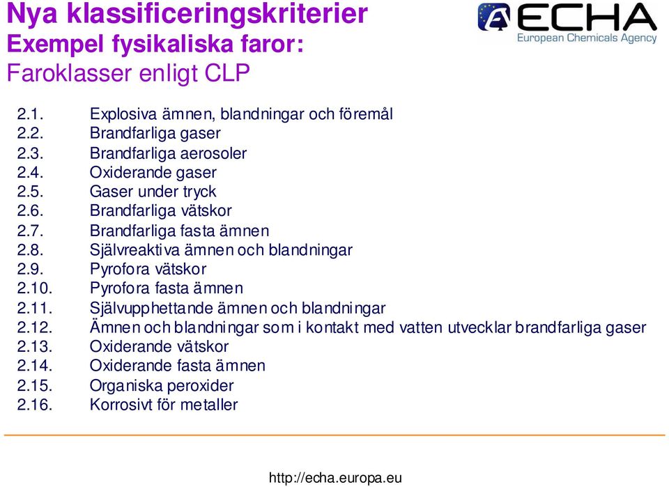 Självreaktiva ämnen och blandningar 2.9. Pyrofora vätskor 2.10. Pyrofora fasta ämnen 2.11. Självupphettande ämnen och blandningar 2.12.
