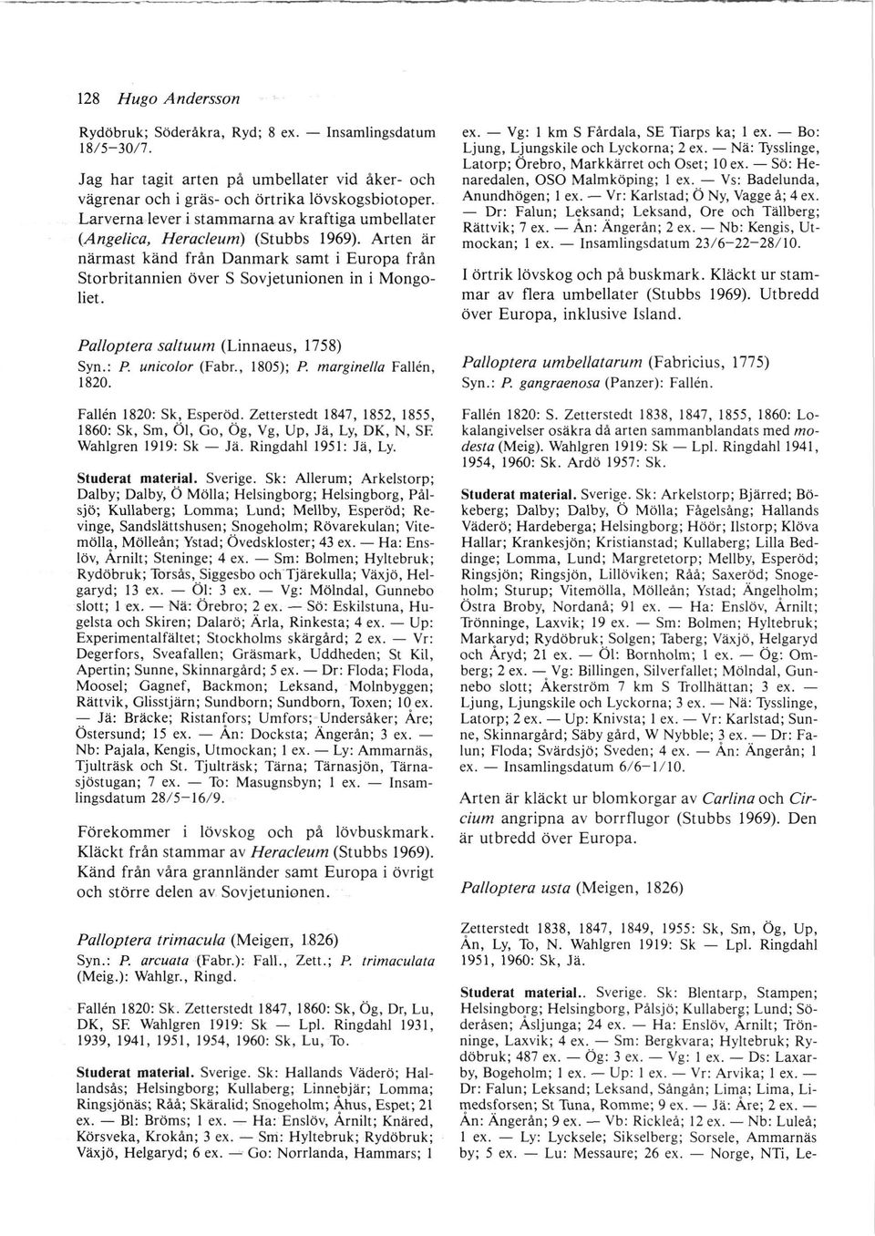 Palloptera saltuum (Linnaeus, 1758) Syn.: P. unicolor (Fabr., 1805); P. marginella Falkn, 1820. Falkn 1820: Sk, Esperöd.