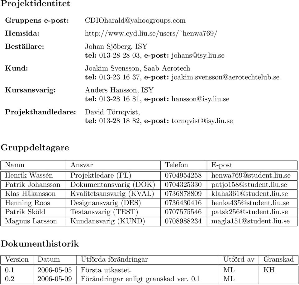 se Anders Hansson, ISY tel: 013-28 16 81, e-post: hansson@isy.liu.se David Törnqvist, tel: 013-28 18 82, e-post: tornqvist@isy.liu.se Gruppdeltagare Namn Ansvar Telefon E-post Henrik Wassén Projektledare (PL) 0704954258 henwa769@student.