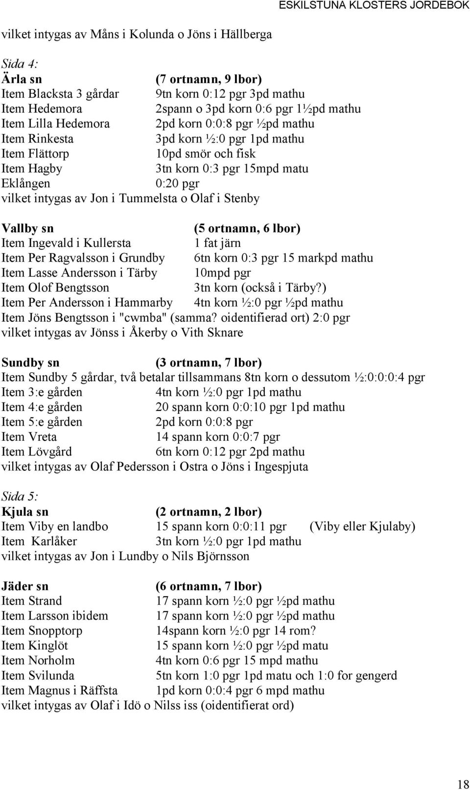 Tummelsta o Olaf i Stenby Vallby sn (5 ortnamn, 6 lbor) Item Ingevald i Kullersta 1 fat järn Item Per Ragvalsson i Grundby 6tn korn 0:3 pgr 15 markpd mathu Item Lasse Andersson i Tärby 10mpd pgr Item