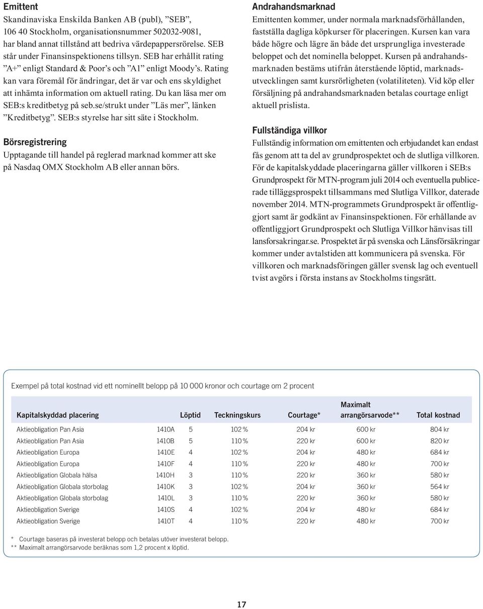 Rating kan vara föremål för ändringar, det är var och ens skyldighet att inhämta information om aktuell rating. Du kan läsa mer om SEB:s kreditbetyg på seb.se/strukt under Läs mer, länken Kreditbetyg.