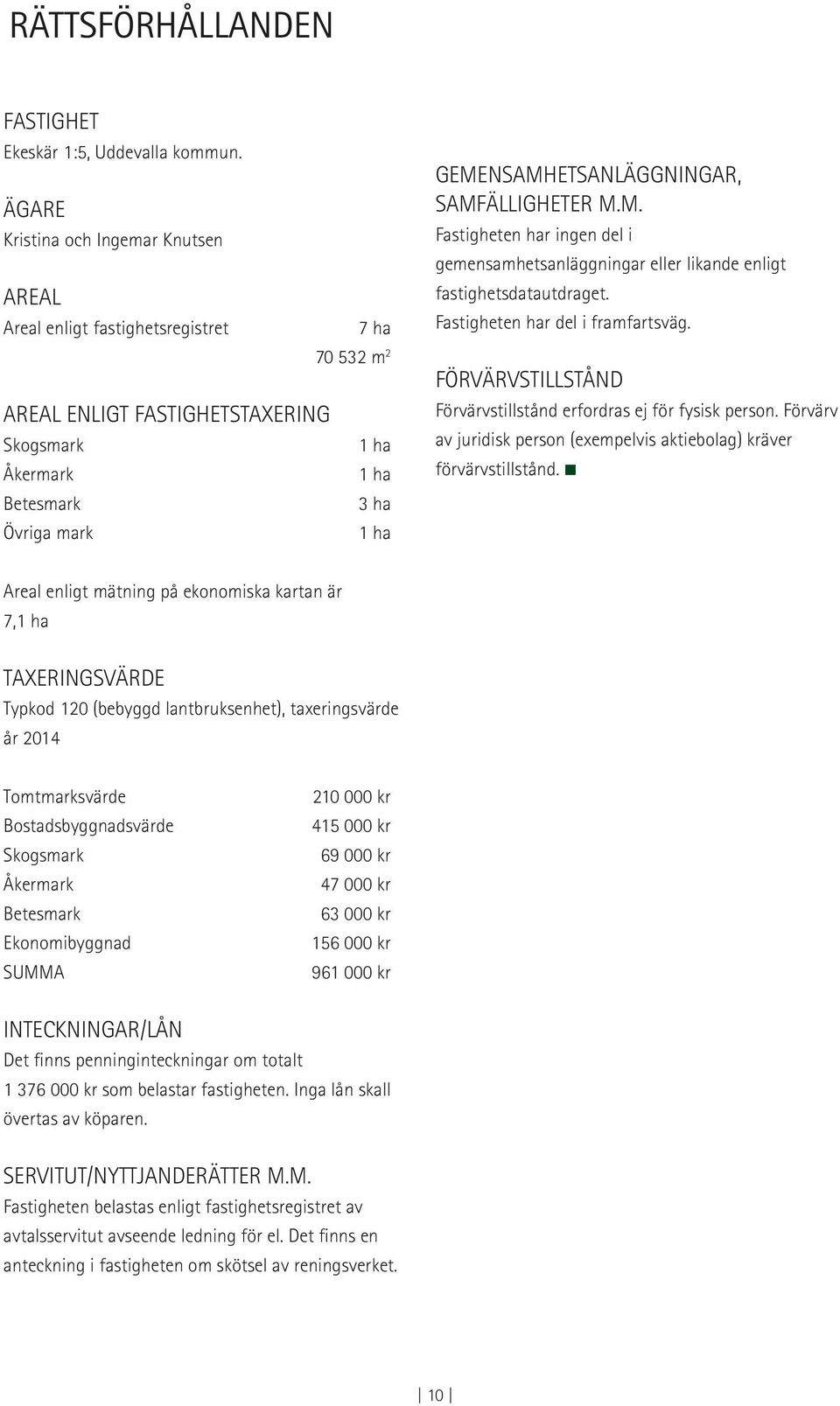 GEMENSAMHETSANLÄGGNINGAR, SAMFÄLLIGHETER M.M. Fastigheten har ingen del i gemensamhetsanläggningar eller likande enligt fastighetsdatautdraget. Fastigheten har del i framfartsväg.