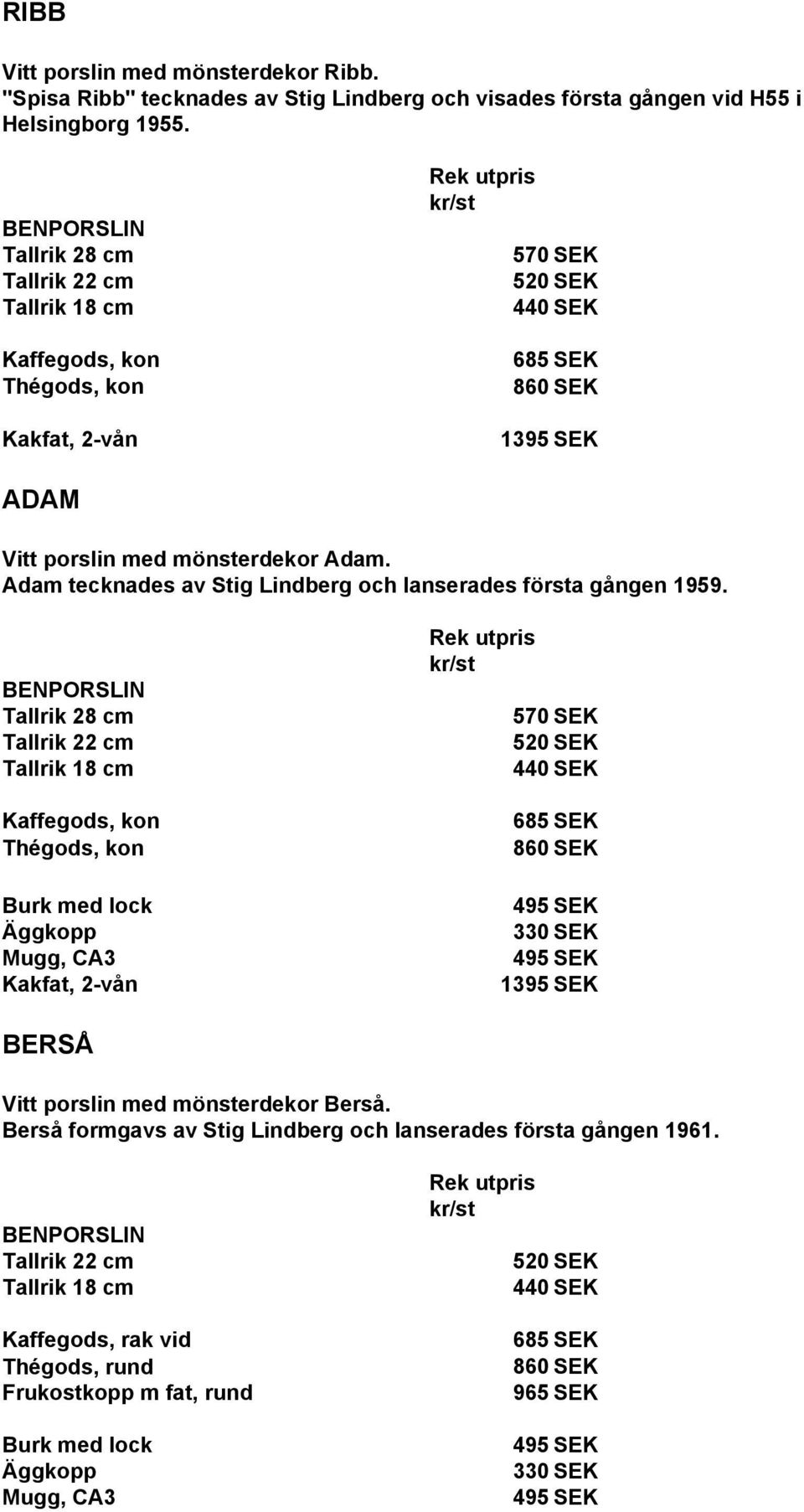 Adam tecknades av Stig Lindberg och lanserades första gången 1959.