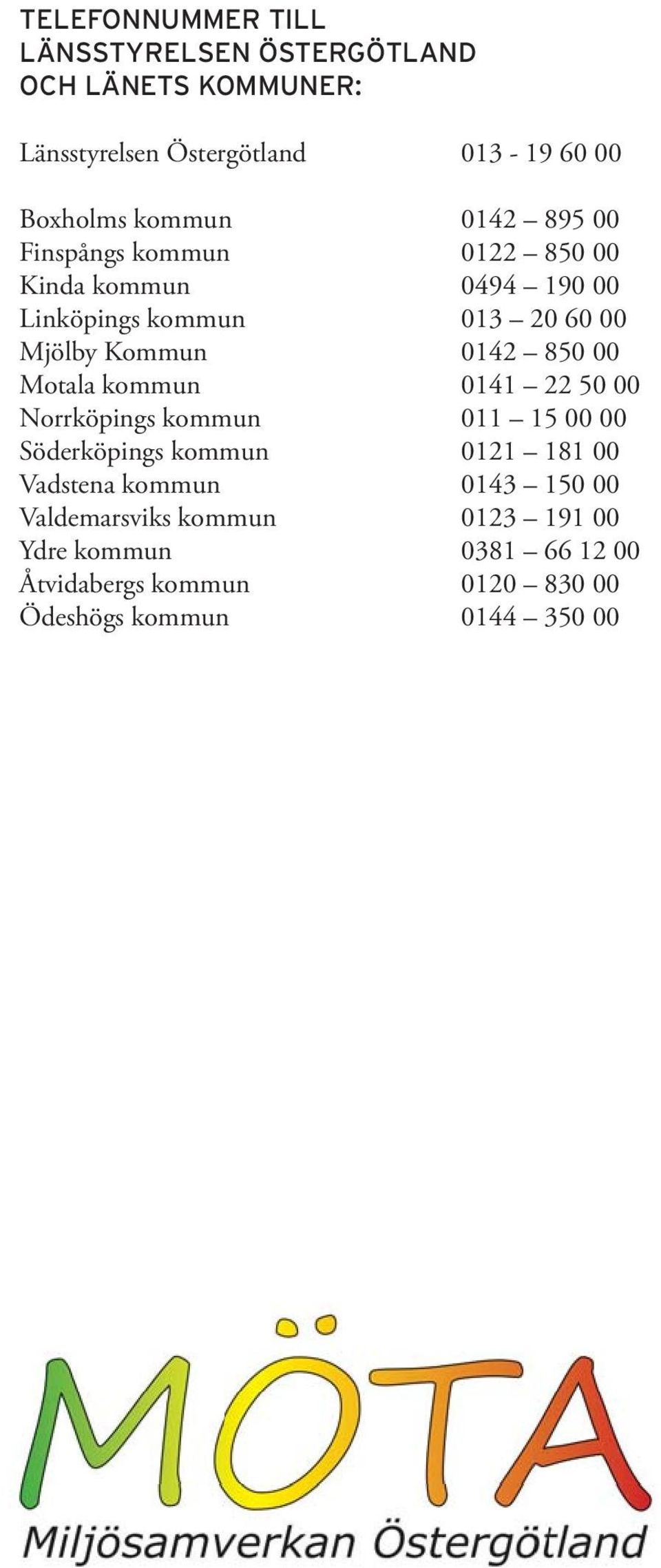 0142 850 00 Motala kommun 0141 22 50 00 Norrköpings kommun 011 15 00 00 Söderköpings kommun 0121 181 00 Vadstena kommun