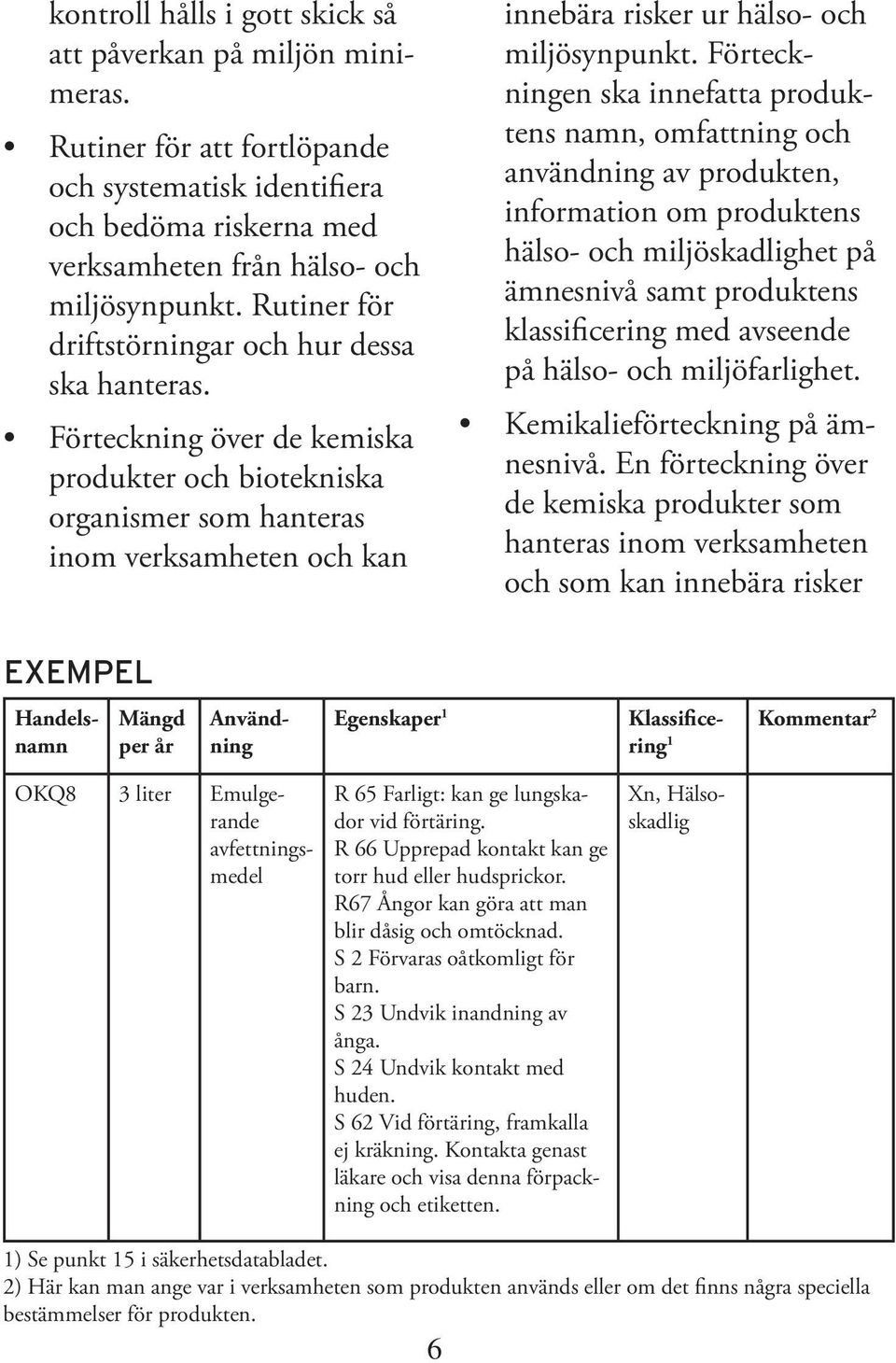 Förteckning över de kemiska produkter och biotekniska organismer som hanteras inom verksamheten och kan innebära risker ur hälso- och miljösynpunkt.