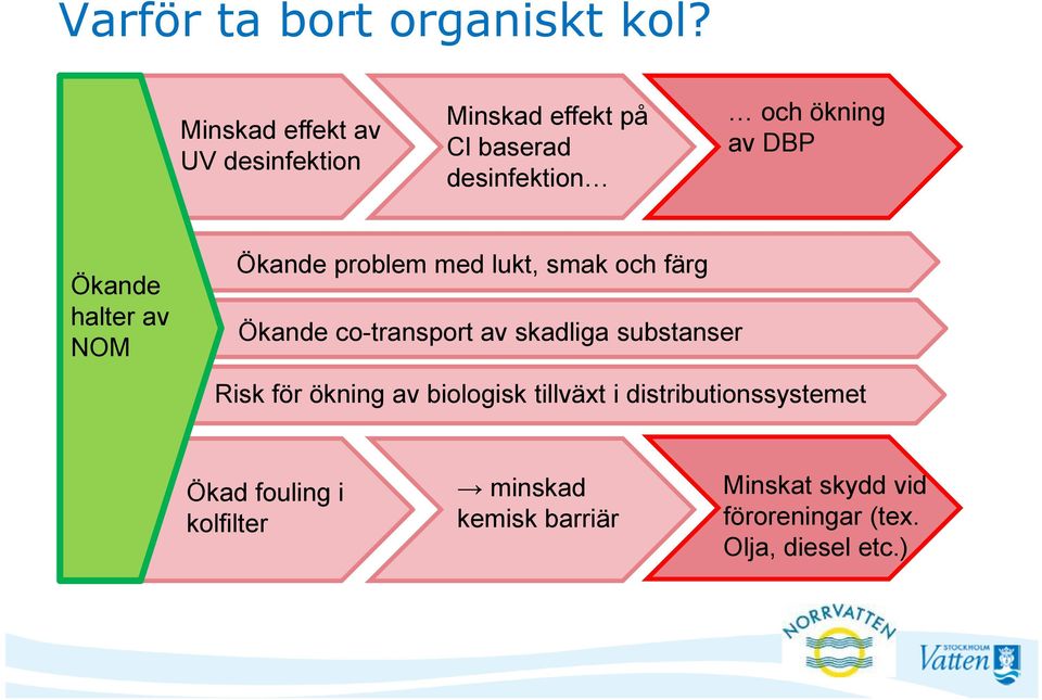 Ökande halter av NOM Ökande problem med lukt, smak och färg Ökande co-transport av skadliga