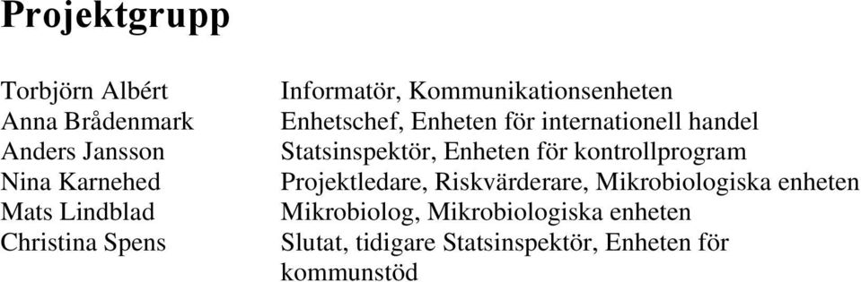 handel Statsinspektör, Enheten för kontrollprogram Projektledare, Riskvärderare,