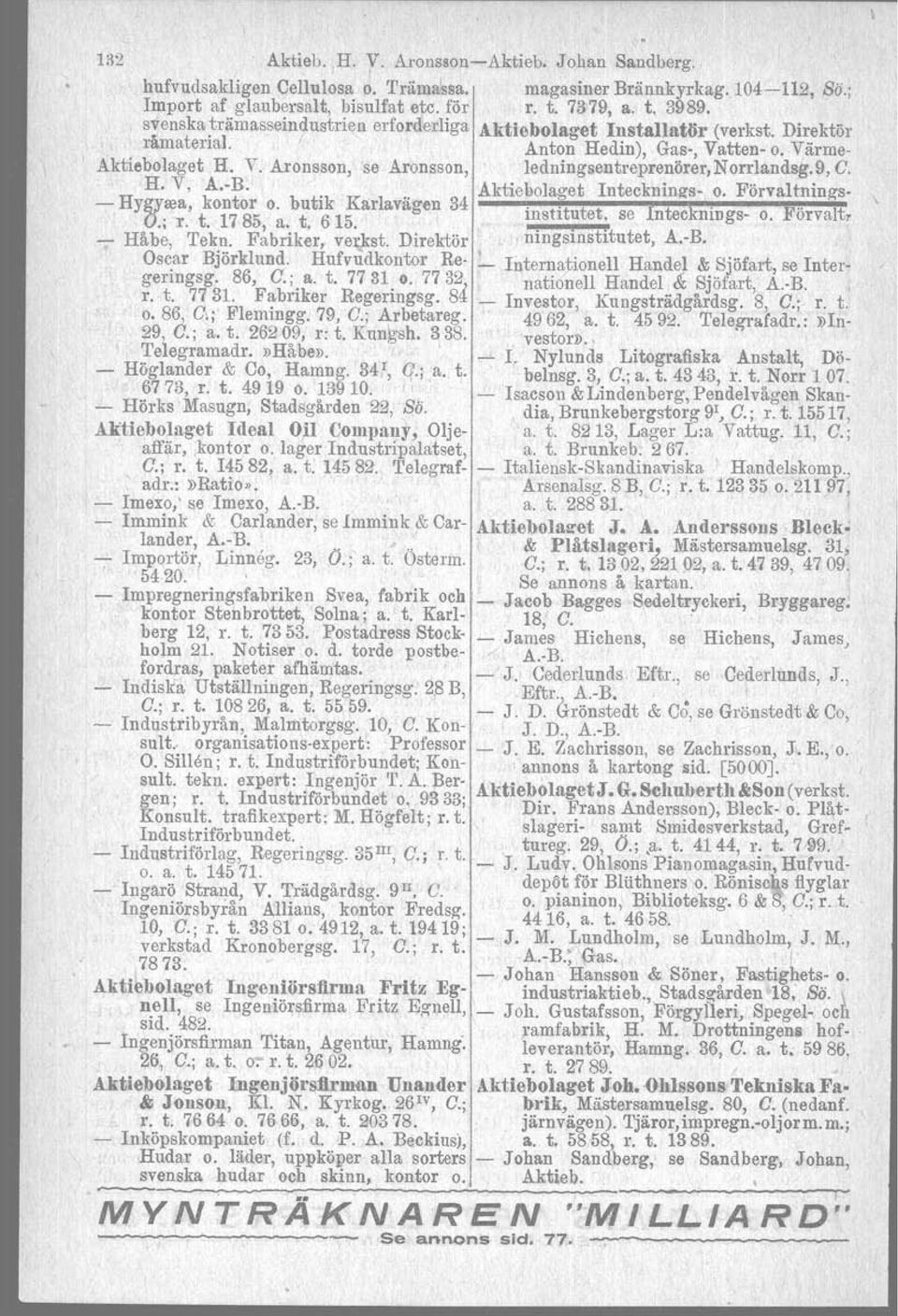 9, C. H. V, A.B.. " Aktiebolaget Inteckninzs o. Förvaltnings Hygyrea, kontor o. butik Karlavagen 34 institute,t, se Intecknings o. Förvaltr O.; '1". t. 1785, a. t. 615.. t t t A B Håbe, Tekn.