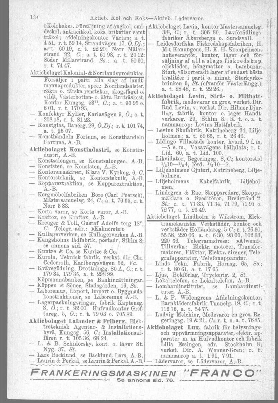 2220; Norr Mälar M:t Konungens, R. K. H. Kronprinsens 'i strand 22, O.; a. t. 61 98, r. t. 20 12: hofieverantör, kontor, lager.och för' Söder Mälarstrand, Sö.; a. t. 3060, säljning af all a slags fiskredskap, r.