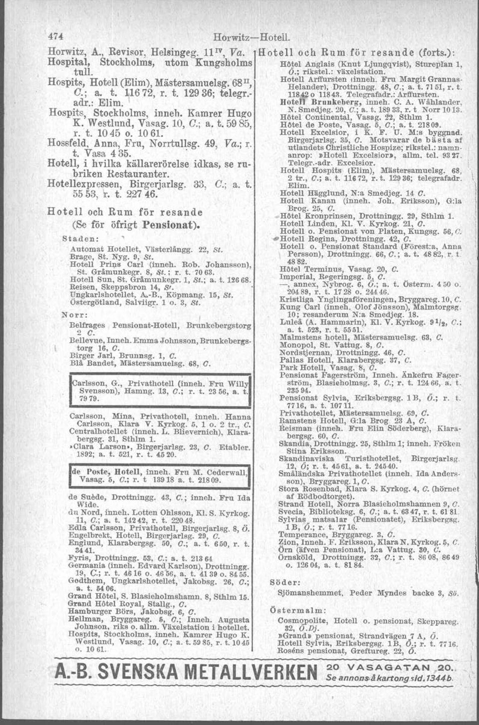 - 11842o 11843. Telegrafadr.: Arffursten. adr.: Elim. Hotell B,-:uukeberg, inneh. C. A. Wählander, Hospits Stockholms inneh Kamrer Huzo N. Smedj~g. 20, C.; a. t. 18933, r. t Norr 1013.