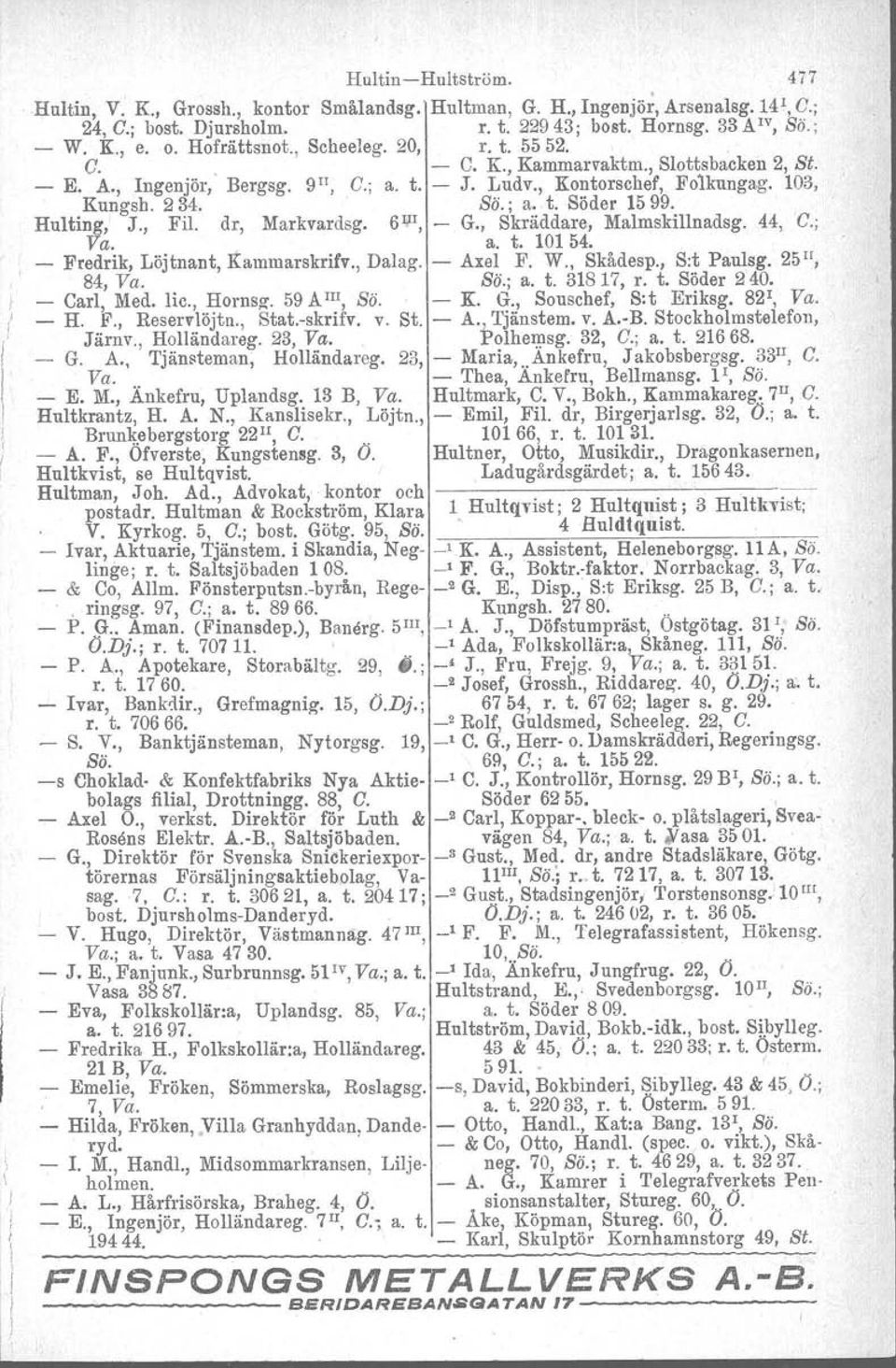 Hulting, J., Fil. dr, Markvardsg. 6 III, - G., Skräddare, Malmskillnadsg. 44, C.; Va. a. t. 10154. - Fredrik, Löjtnant, Kammarskrifv., Dalag. - Axel F. W., Skådesp., Srt Paulsg. 25 lf, 84, Va. Sö.; a.