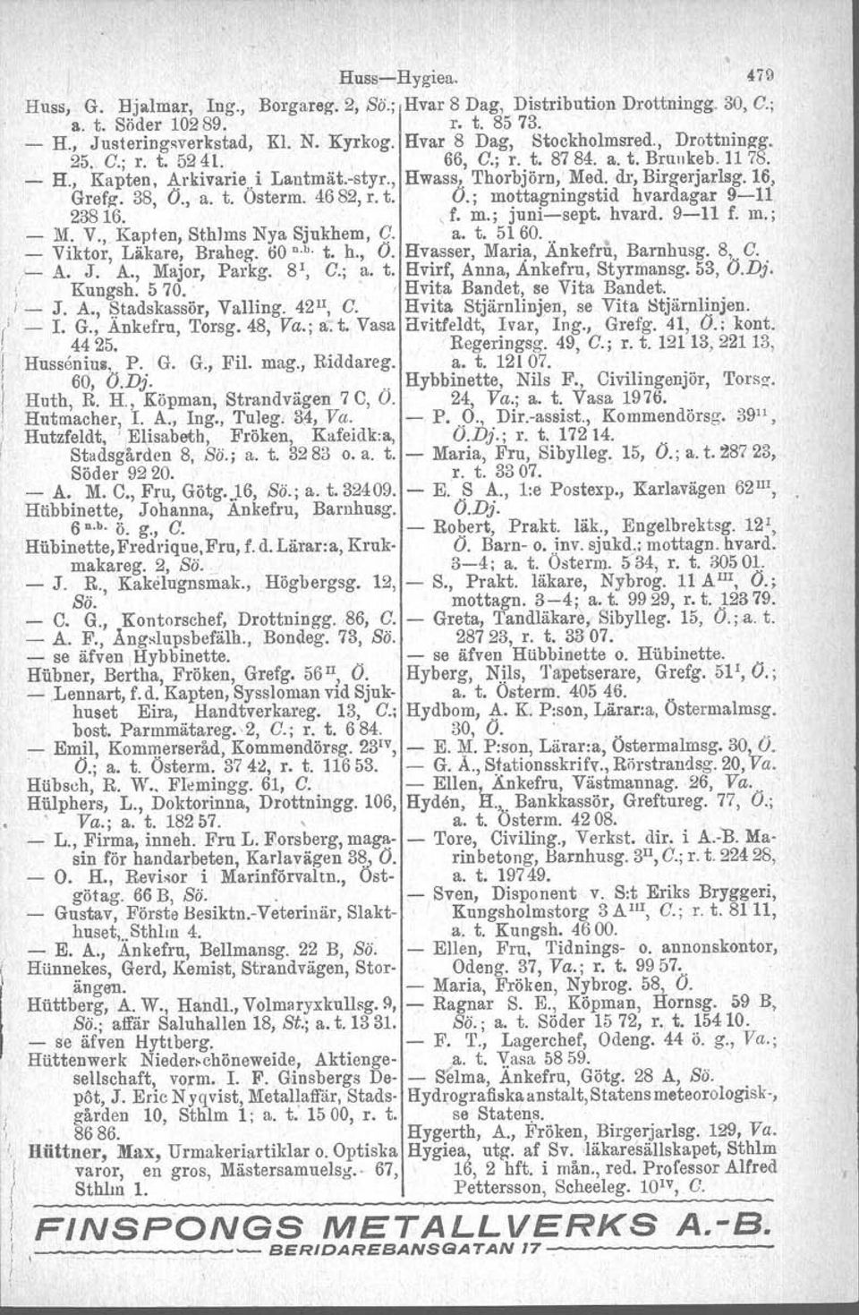 16, Grefg; 38, O., a. t. Osterm, 46 82, r. t. O.; mottagningstid hvardagar 9-11 23816.,,f. m.; juni-sept. hvard. 9-11 f. rn.; - - M. V., Viktor, Kapten, Läkare, SthJms Nya Sjukhem, Braheg. 60 u.b. t. h., C.