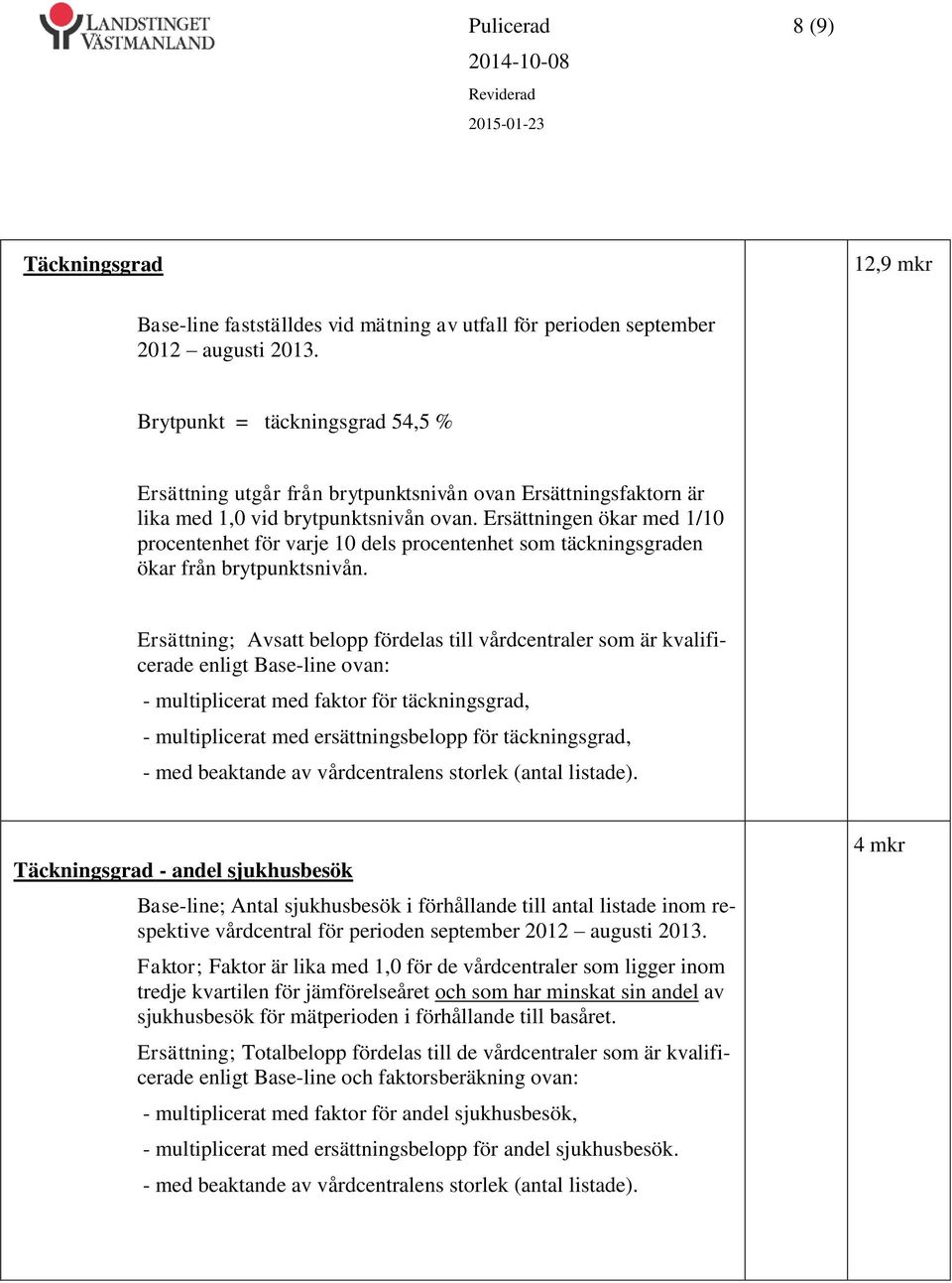 Ersättningen ökar med 1/10 procentenhet för varje 10 dels procentenhet som täckningsgraden ökar från brytpunktsnivån.