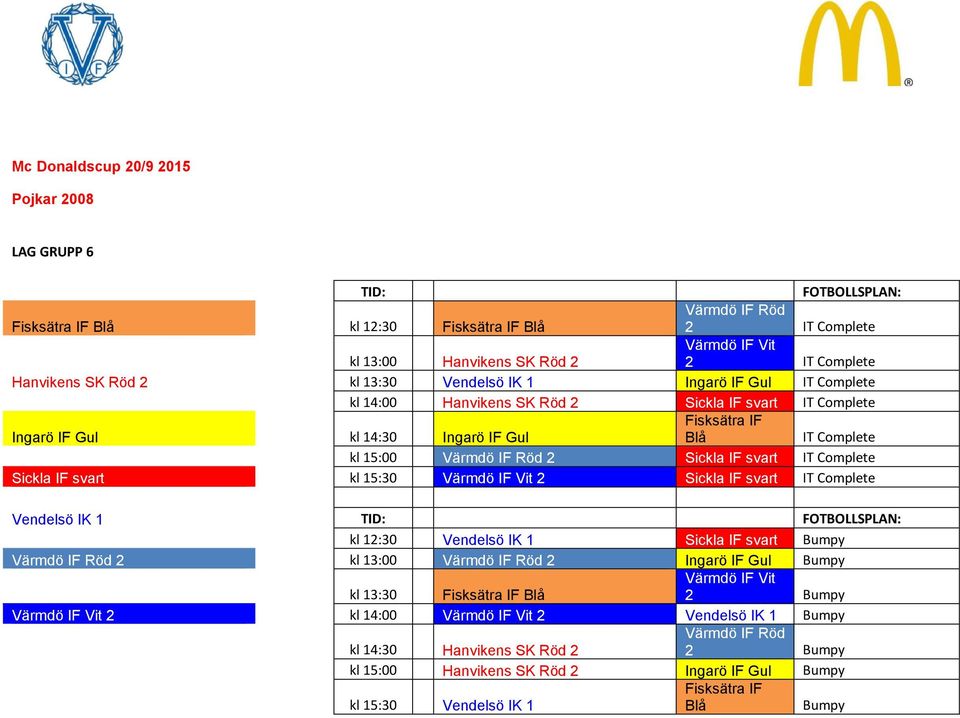 Complete Sickla IF svart kl 15:30 2 Sickla IF svart IT Complete Vendels IK 1 kl 12:30 Vendels IK 1 Sickla IF svart 2