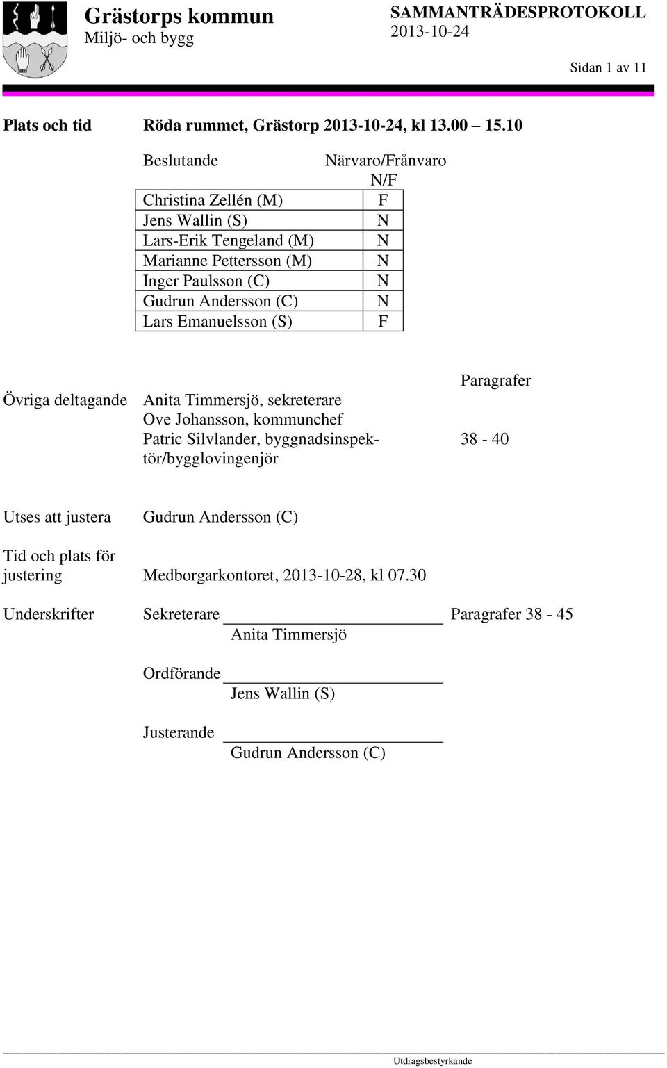 (S) Närvaro/Frånvaro N/F F N N N N N F Övriga deltagande Anita Timmersjö, sekreterare Ove Johansson, kommunchef Patric Silvlander,