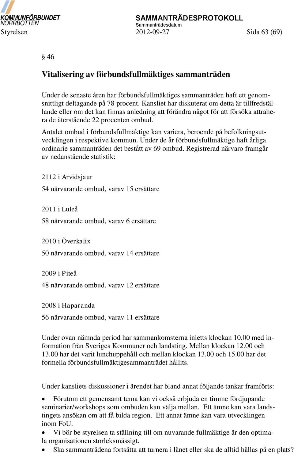 Antalet ombud i förbundsfullmäktige kan variera, beroende på befolkningsutvecklingen i respektive kommun. Under de år förbundsfullmäktige haft årliga ordinarie sammanträden det bestått av 69 ombud.