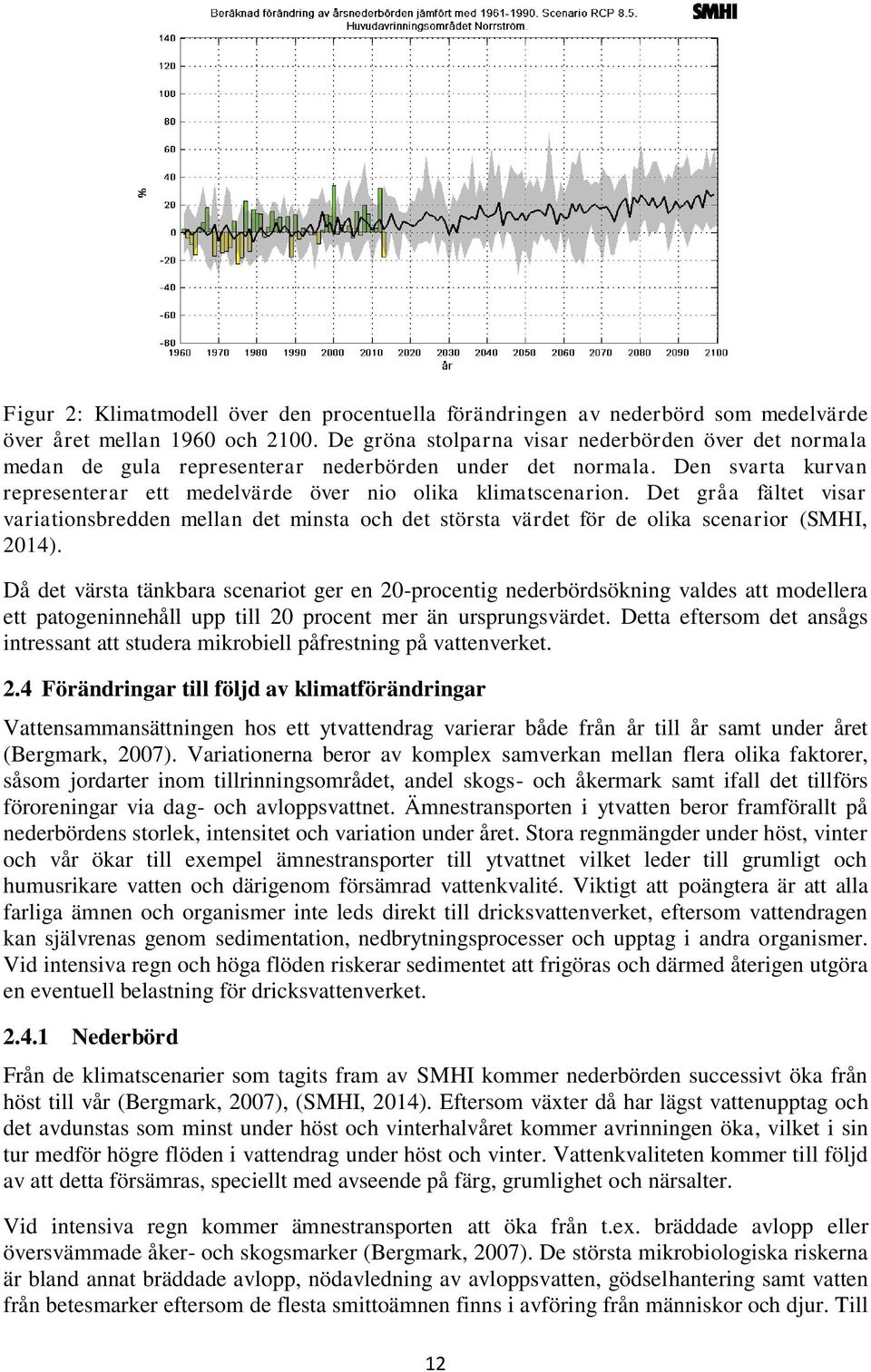 Det gråa fältet visar variationsbredden mellan det minsta och det största värdet för de olika scenarior (SMHI, 2014).