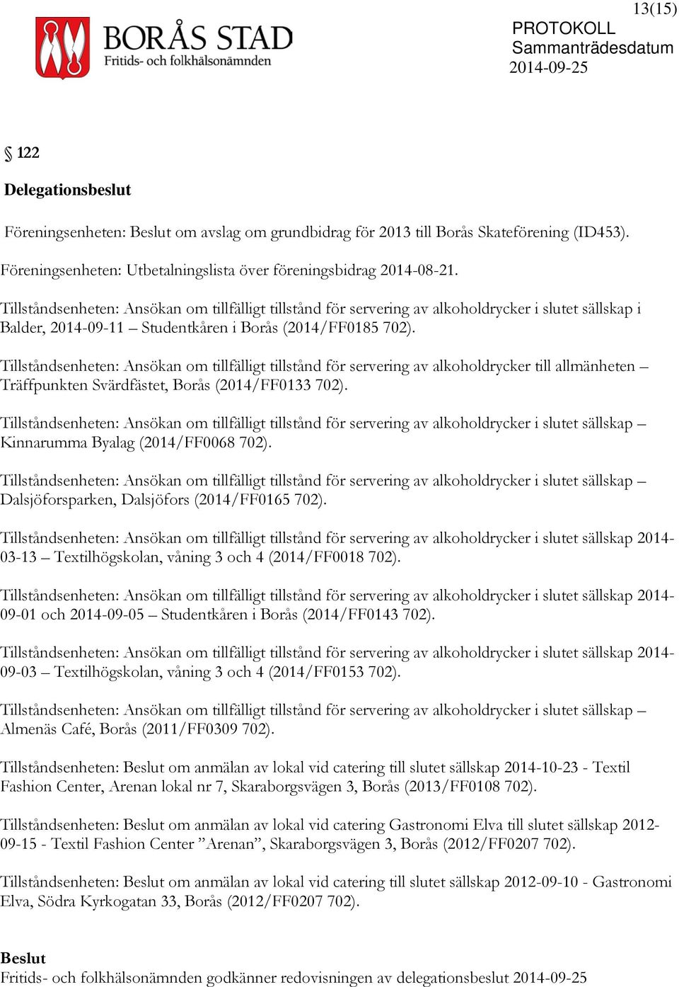 Tillståndsenheten: Ansökan om tillfälligt tillstånd för servering av alkoholdrycker till allmänheten Träffpunkten Svärdfästet, Borås (2014/FF0133 702).