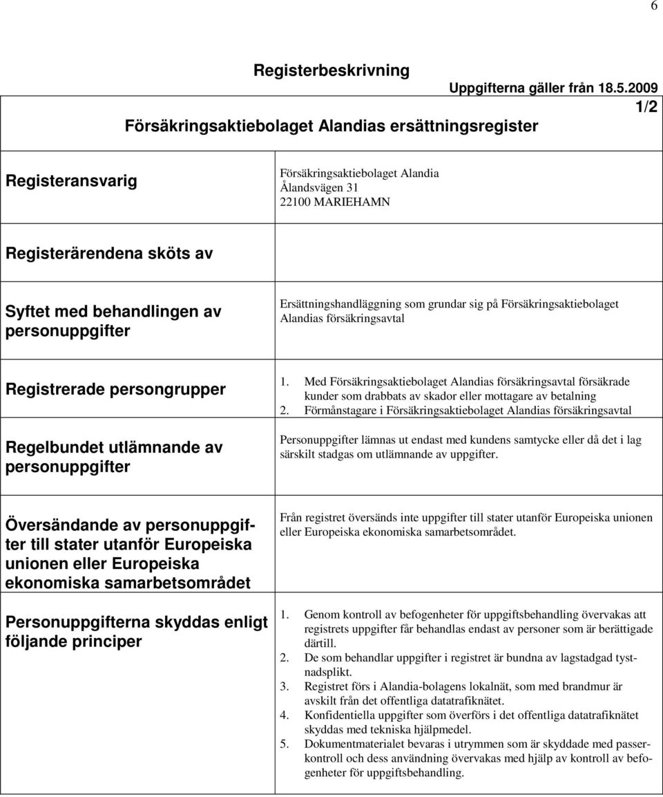 Ersättningshandläggning som grundar sig på Försäkringsaktiebolaget Alandias försäkringsavtal Registrerade persongrupper Regelbundet utlämnande av 1.