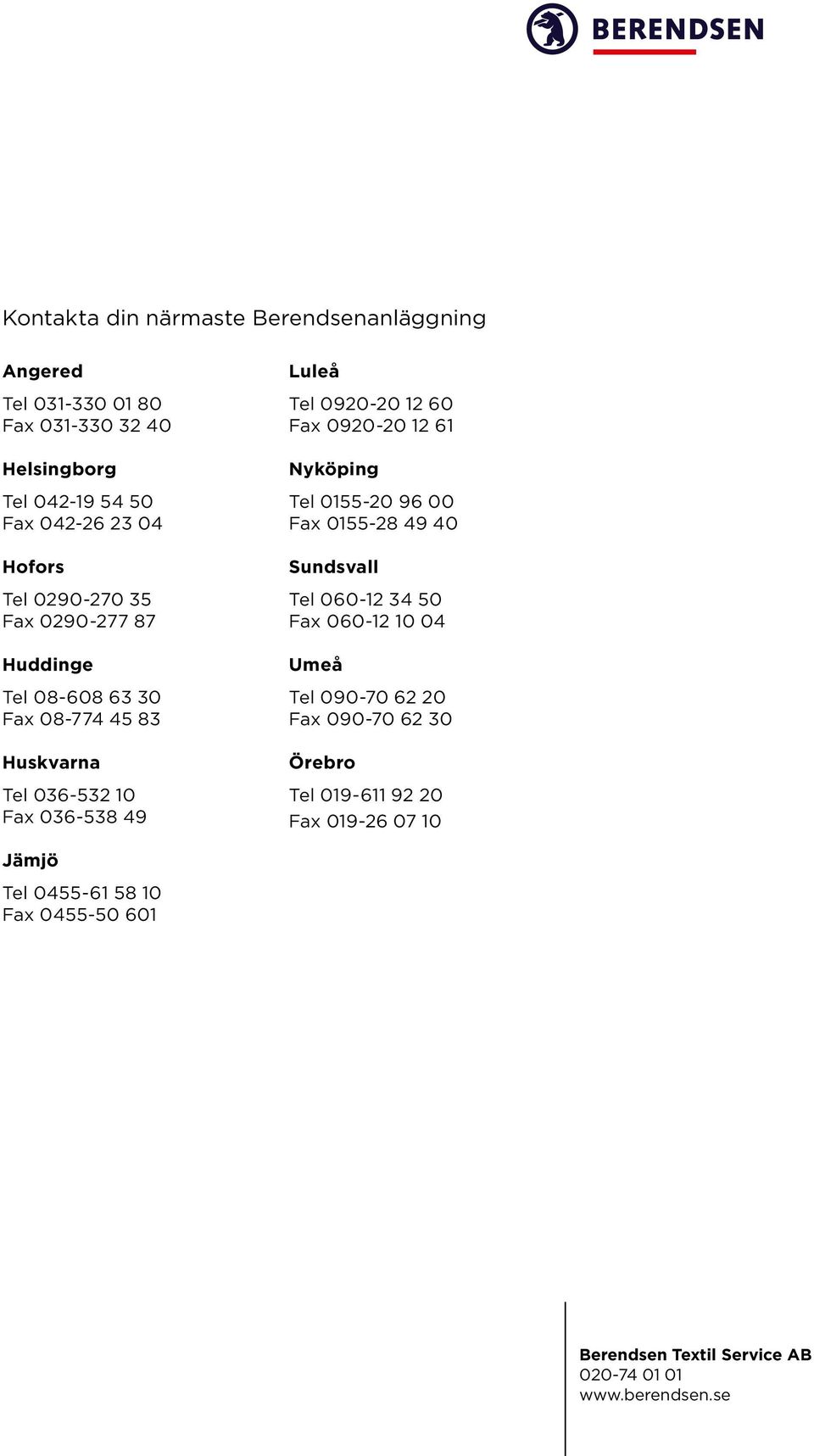 Fax 0920-20 12 61 Nyköping Tel 0155-20 96 00 Fax 0155-28 49 40 Sundsvall Tel 060-12 34 50 Fax 060-12 10 04 Umeå Tel 090-70 62 20 Fax 090-70