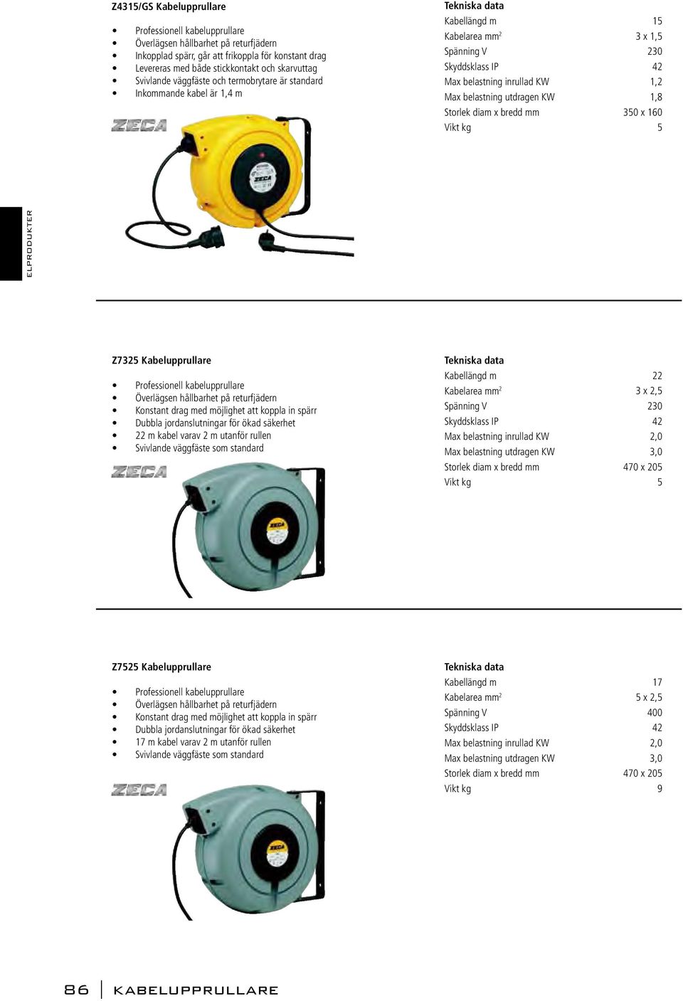 utdragen KW 1,8 Storlek diam x bredd mm 350 x 160 Vikt kg 5 Z7325 Kabelupprullare Professionell kabelupprullare Överlägsen hållbarhet på returfjädern Konstant drag med möjlighet att koppla in spärr