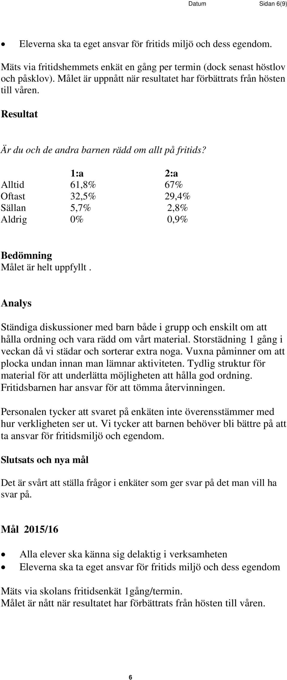 1:a 2:a Alltid 61,8% 67% Oftast 32,5% 29,4% Sällan 5,7% 2,8% Aldrig 0% 0,9% Bedömning Målet är helt uppfyllt.