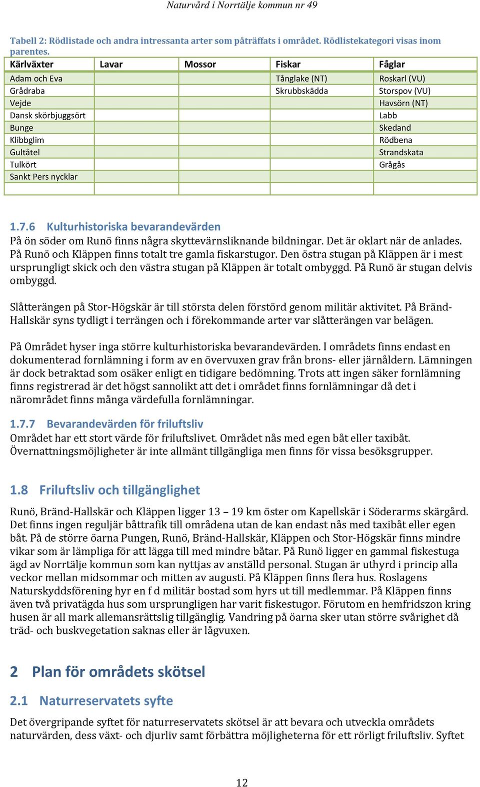 Strandskata Tulkört Grågås Sankt Pers nycklar 1.7.6 Kulturhistoriska bevarandevärden På ön söder om Runö finns några skyttevärnsliknande bildningar. Det är oklart när de anlades.
