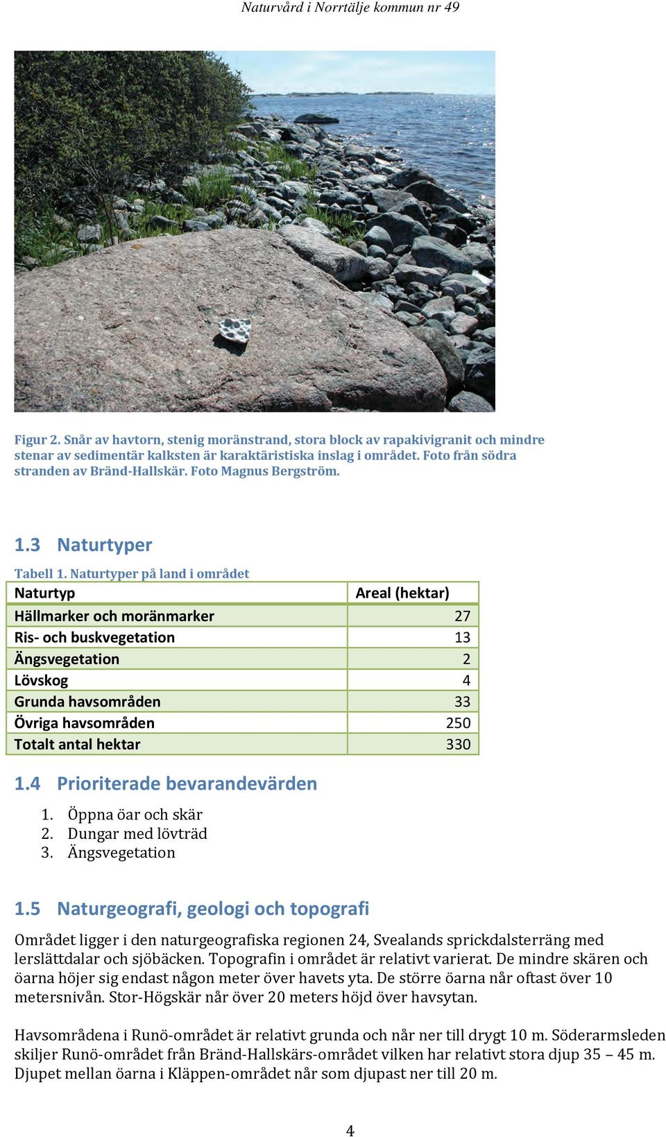 Naturtyper på land i området Naturtyp Areal (hektar) Hällmarker och moränmarker 27 Ris och buskvegetation 13 Ängsvegetation 2 Lövskog 4 Grunda havsområden 33 Övriga havsområden 250 Totalt antal