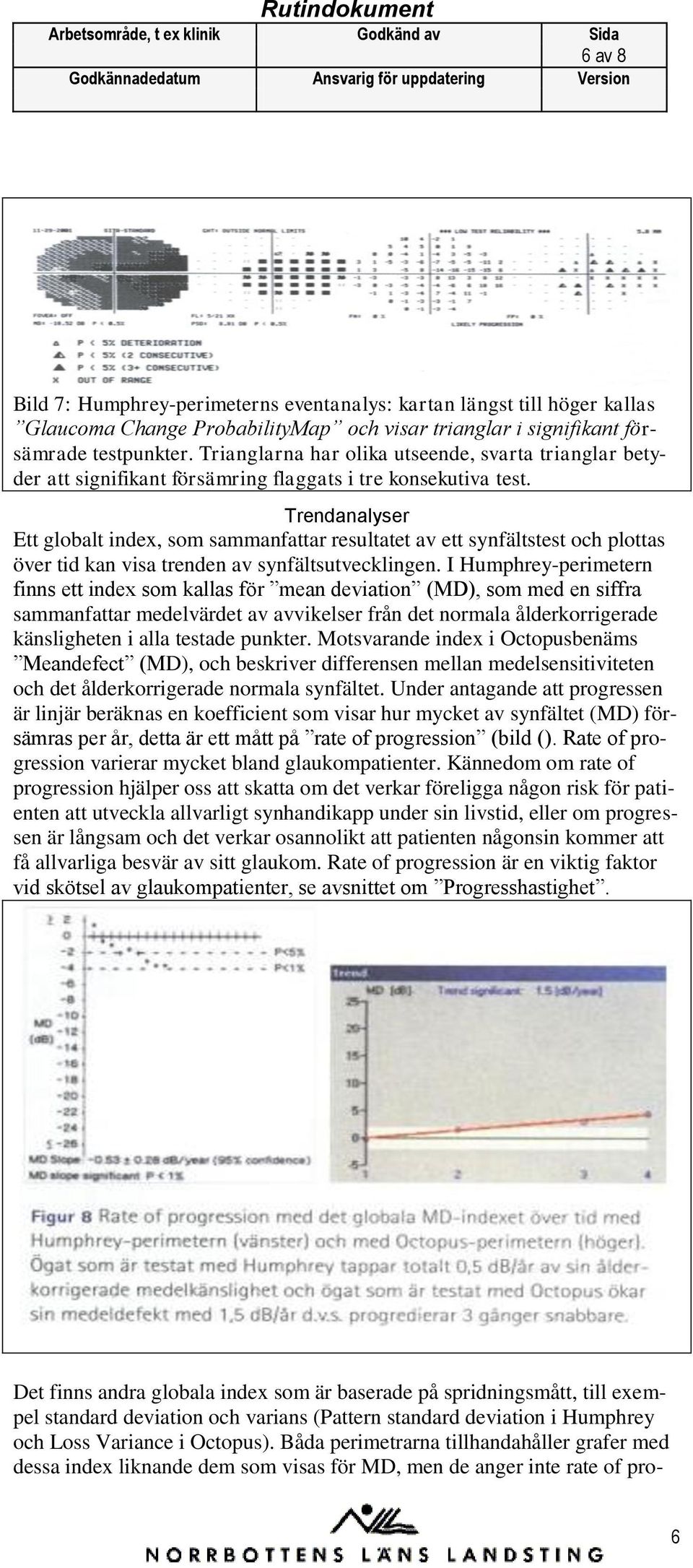 Trendanalyser Ett globalt index, som sammanfattar resultatet av ett synfältstest och plottas över tid kan visa trenden av synfältsutvecklingen.
