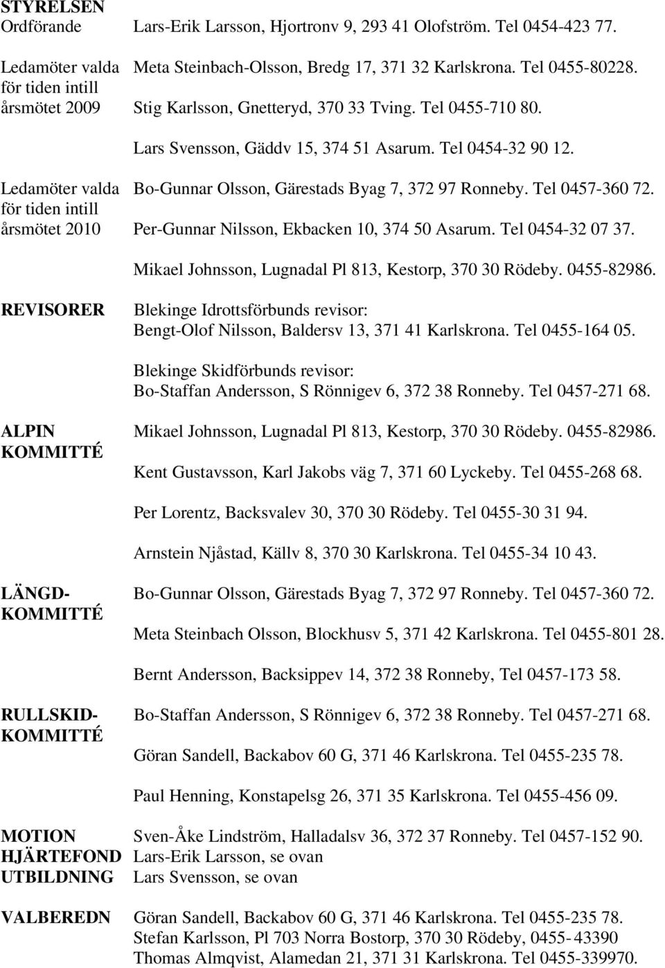 Ledamöter valda Bo-Gunnar Olsson, Gärestads Byag 7, 372 97 Ronneby. Tel 0457-360 72. för tiden intill årsmötet 2010 Per-Gunnar Nilsson, Ekbacken 10, 374 50 Asarum. Tel 0454-32 07 37.