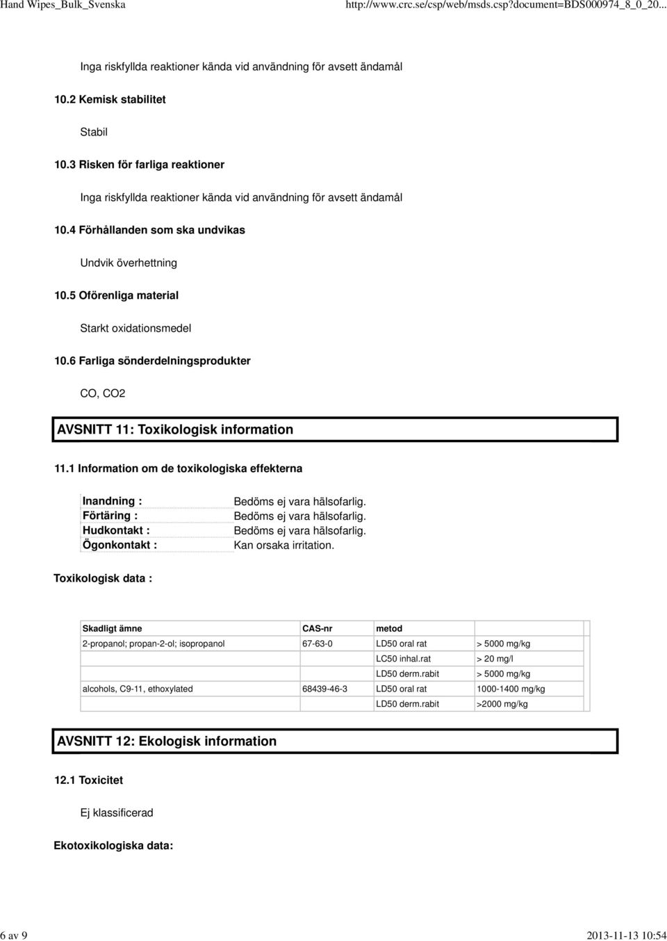 5 Oförenliga material Starkt oxidationsmedel 10.6 Farliga sönderdelningsprodukter CO, CO2 AVSNITT 11: Toxikologisk information 11.