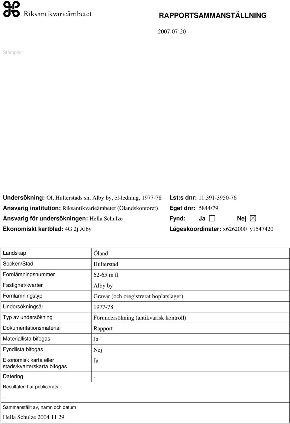 Lägeskoordinater: x6262000 y1547420 Landskap Socken/Stad Fornlämningsnummer Fastighet/kvarter Fornlämningstyp Öland Hulterstad 62-65 m fl Alby by Undersökningsår 1977-78 Typ av