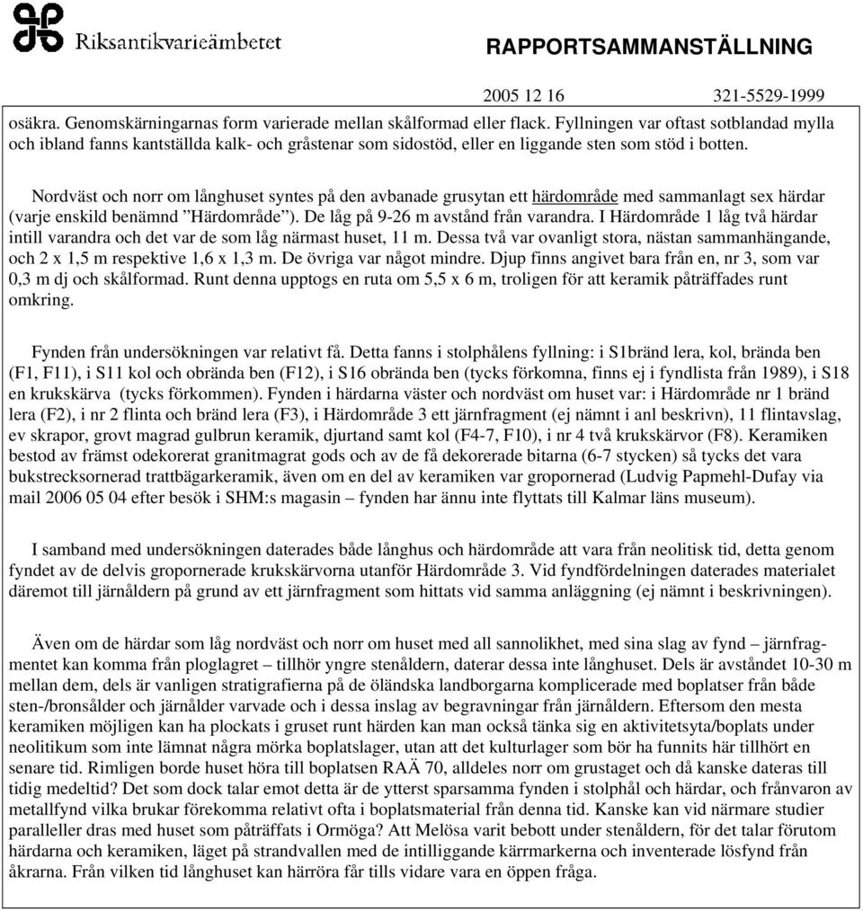 Nordväst och norr om långhuset syntes på den avbanade grusytan ett härdområde med sammanlagt sex härdar (varje enskild benämnd Härdområde ). De låg på 9-26 m avstånd från varandra.