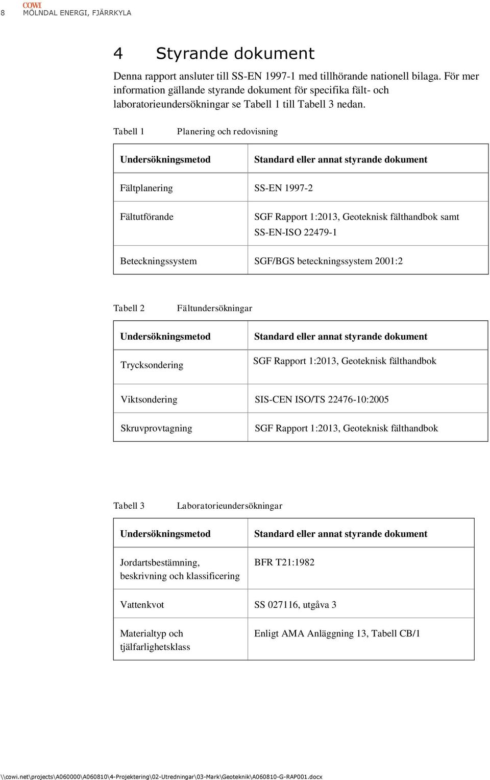 Tabell 1 Planering och redovisning Undersökningsmetod Standard eller annat styrande dokument Fältplanering SS-EN 1997-2 Fältutförande SGF Rapport 1:2013, Geoteknisk fälthandbok samt SS-EN-ISO 22479-1