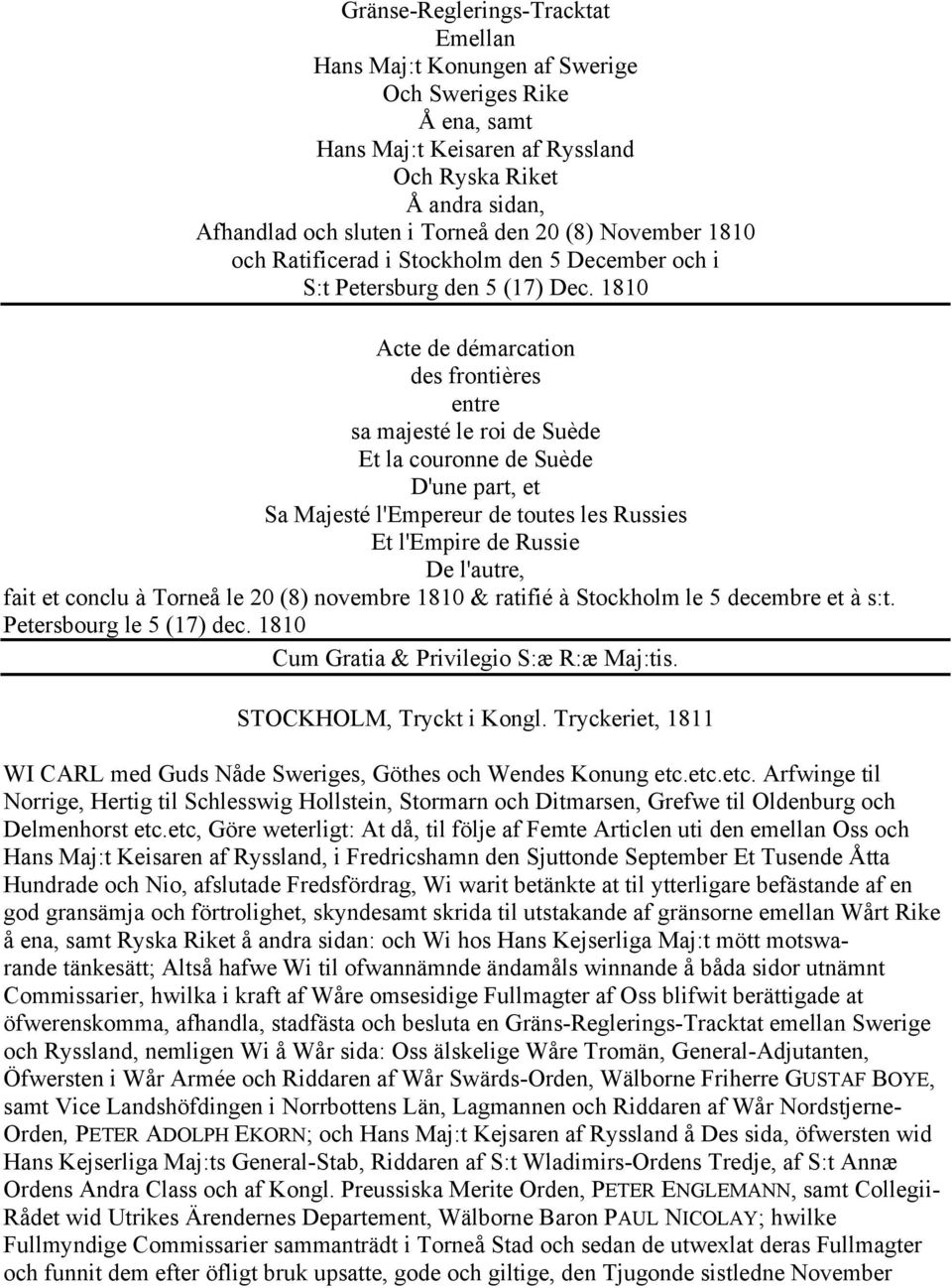 1810 Acte de démarcation des frontières entre sa majesté le roi de Suède Et la couronne de Suède D'une part, et Sa Majesté l'empereur de toutes les Russies Et l'empire de Russie De l'autre, fait et