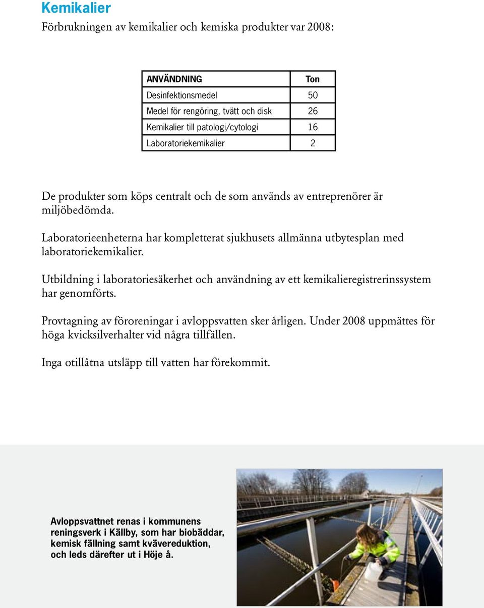 Laboratorieenheterna har kompletterat sjukhusets allmänna utbytesplan med laboratoriekemikalier. Utbildning i laboratoriesäkerhet och användning av ett kemikalieregistrerinssystem har genomförts.