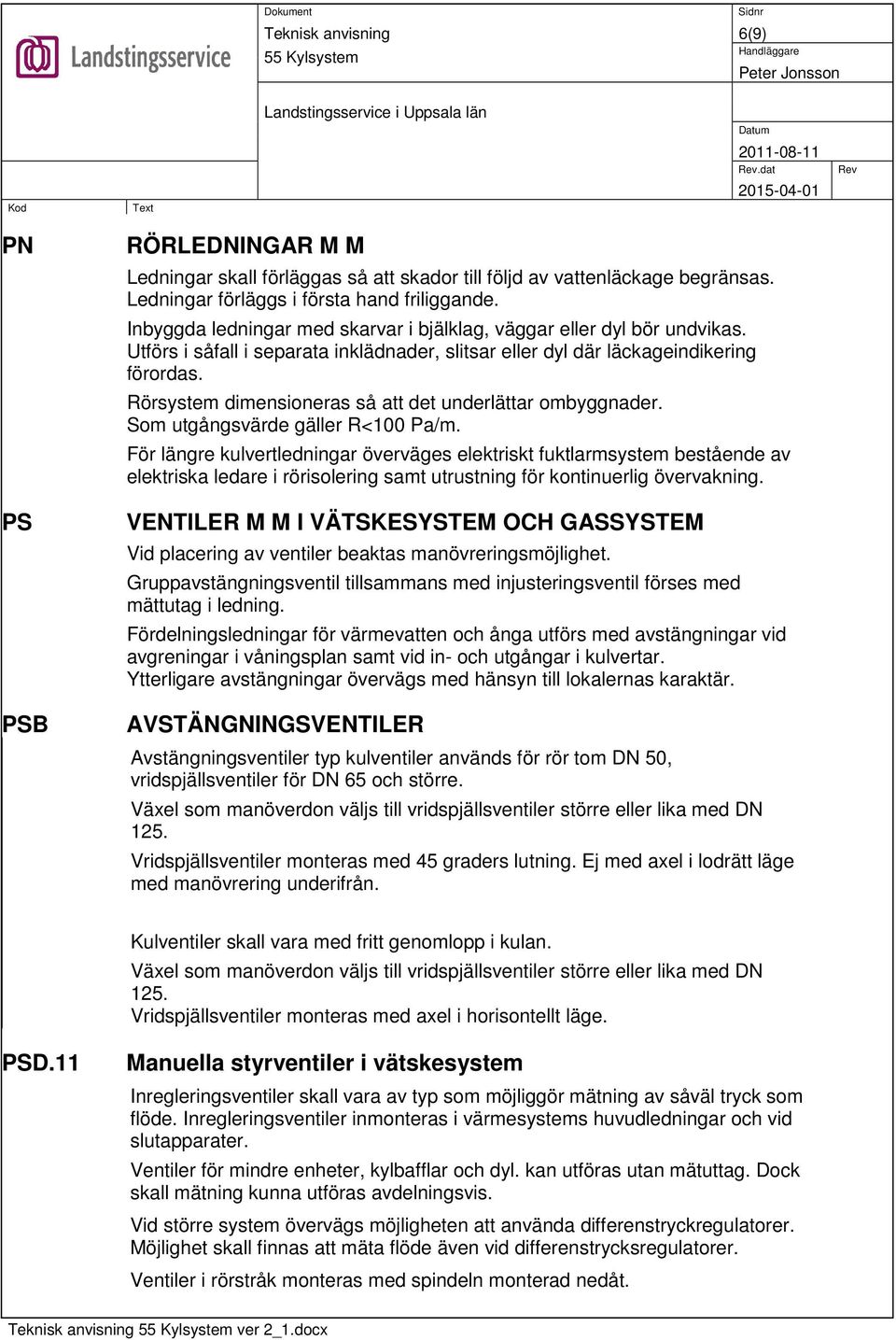 Rörsystem dimensioneras så att det underlättar ombyggnader. Som utgångsvärde gäller R<100 Pa/m.