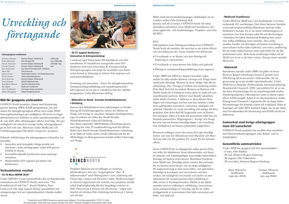 Norsk Generalkonsulat i Göteborg Mary Moe Oslo Kommune Johan Trouvé Västsvenska Industri- och Handelskammaren Bertil Törsäter Västra Götalandsregionen Jacob Broström Business Region Göteborg AB Terje
