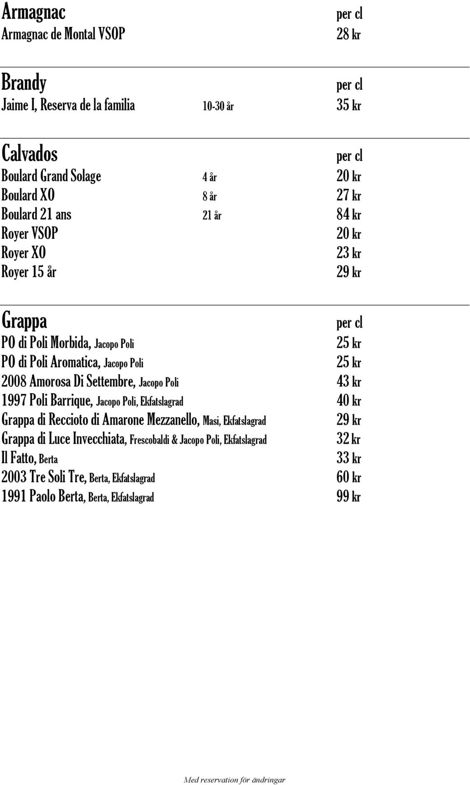 Settembre, Jacopo Poli 43 kr 1997 Poli Barrique, Jacopo Poli, Ekfatslagrad 40 kr Grappa di Reccioto di Amarone Mezzanello, Masi, Ekfatslagrad 29 kr Grappa di Luce