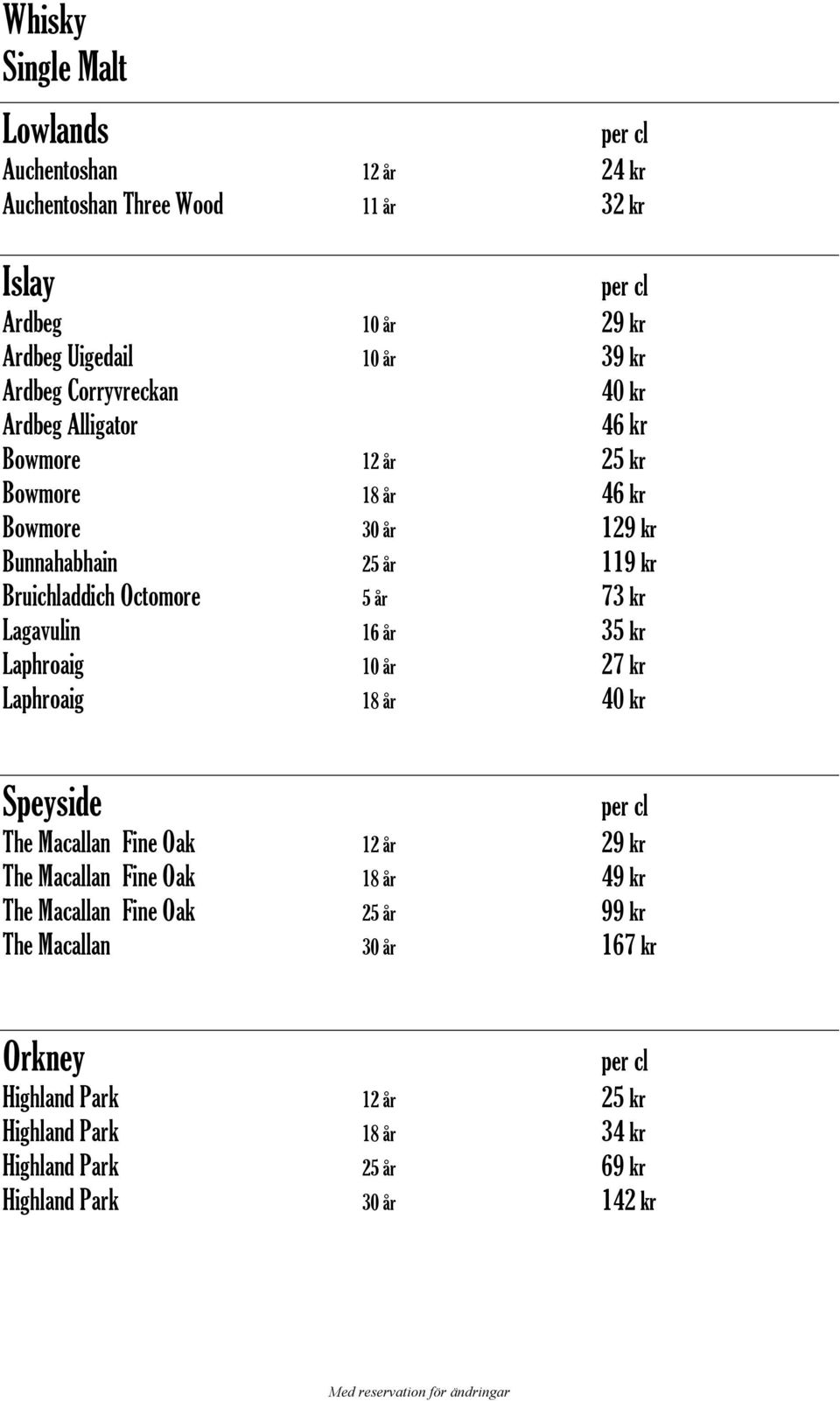 73 kr Lagavulin 16 år 35 kr Laphroaig 10 år 27 kr Laphroaig 18 år 40 kr Speyside The Macallan Fine Oak 12 år 29 kr The Macallan Fine Oak 18 år 49 kr The