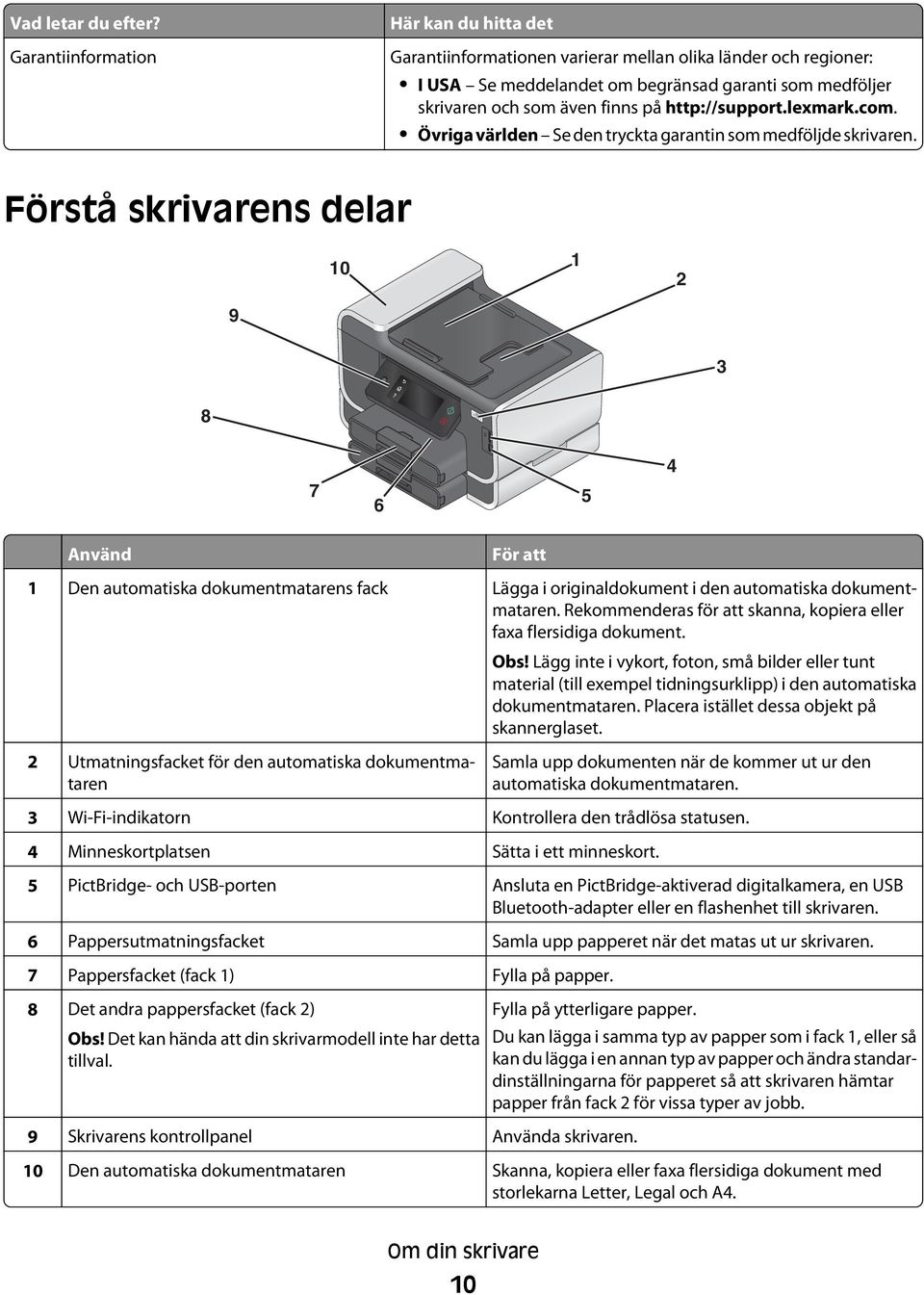 http://support.lexmark.com. Övriga världen Se den tryckta garantin som medföljde skrivaren.