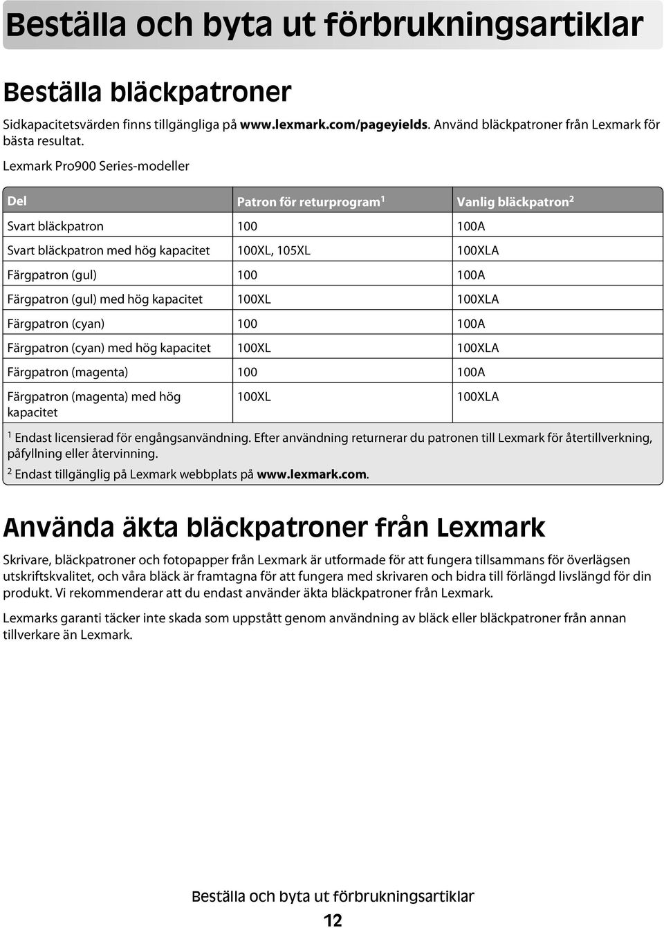 Färgpatron (gul) med hög kapacitet 100XL 100XLA Färgpatron (cyan) 100 100A Färgpatron (cyan) med hög kapacitet 100XL 100XLA Färgpatron (magenta) 100 100A Färgpatron (magenta) med hög kapacitet 100XL