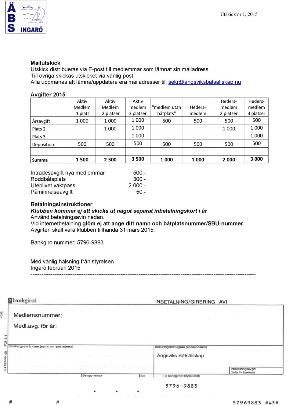 nu Avgifter 2015 Aktiv Medlem 1 plats Aktiv Medlem 2 platser Aktiv medlem 3 platser "medlem utan båtplats" Hedersmedlem 2 platser Hedersmedlem Hedersmedlem 3 platser Årsavgift 1 000 1 000 1 000 500