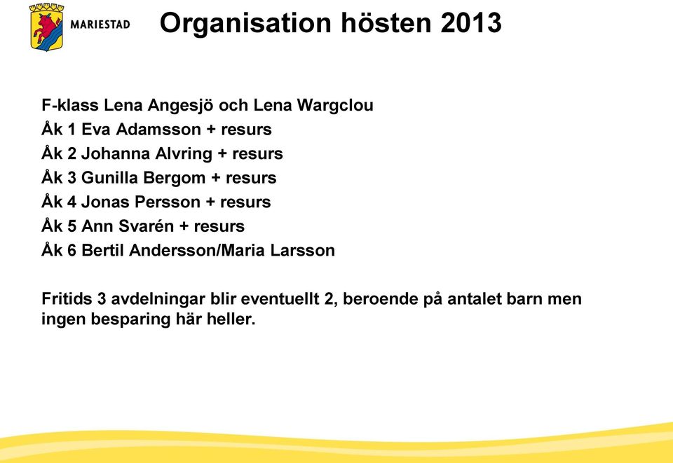 Persson + resurs Åk 5 Ann Svarén + resurs Åk 6 Bertil Andersson/Maria Larsson